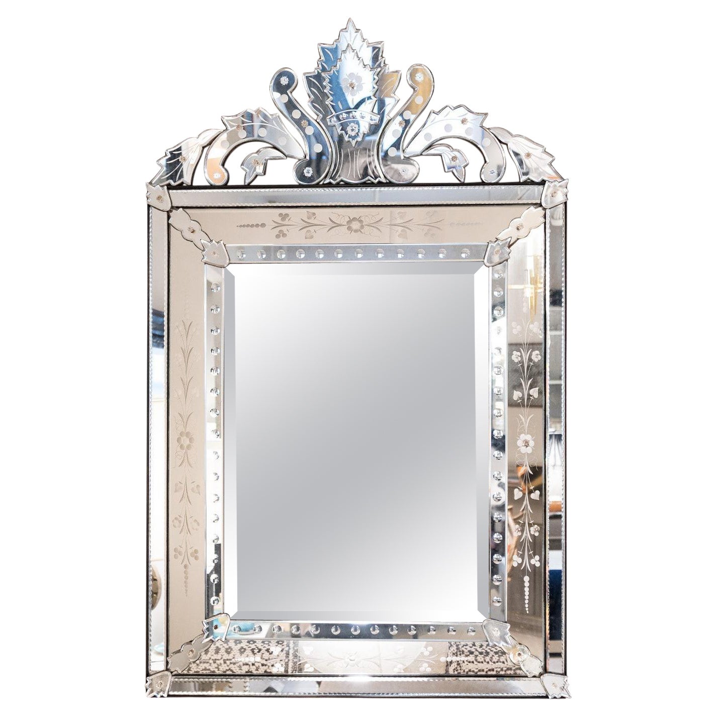 Artisan French Mirror with Reverse Etched Design 1940s