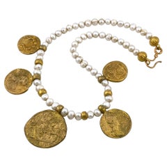 Artisan Freshwater Pearl Necklace with Gilt Roman Coin Charms, 18.38"