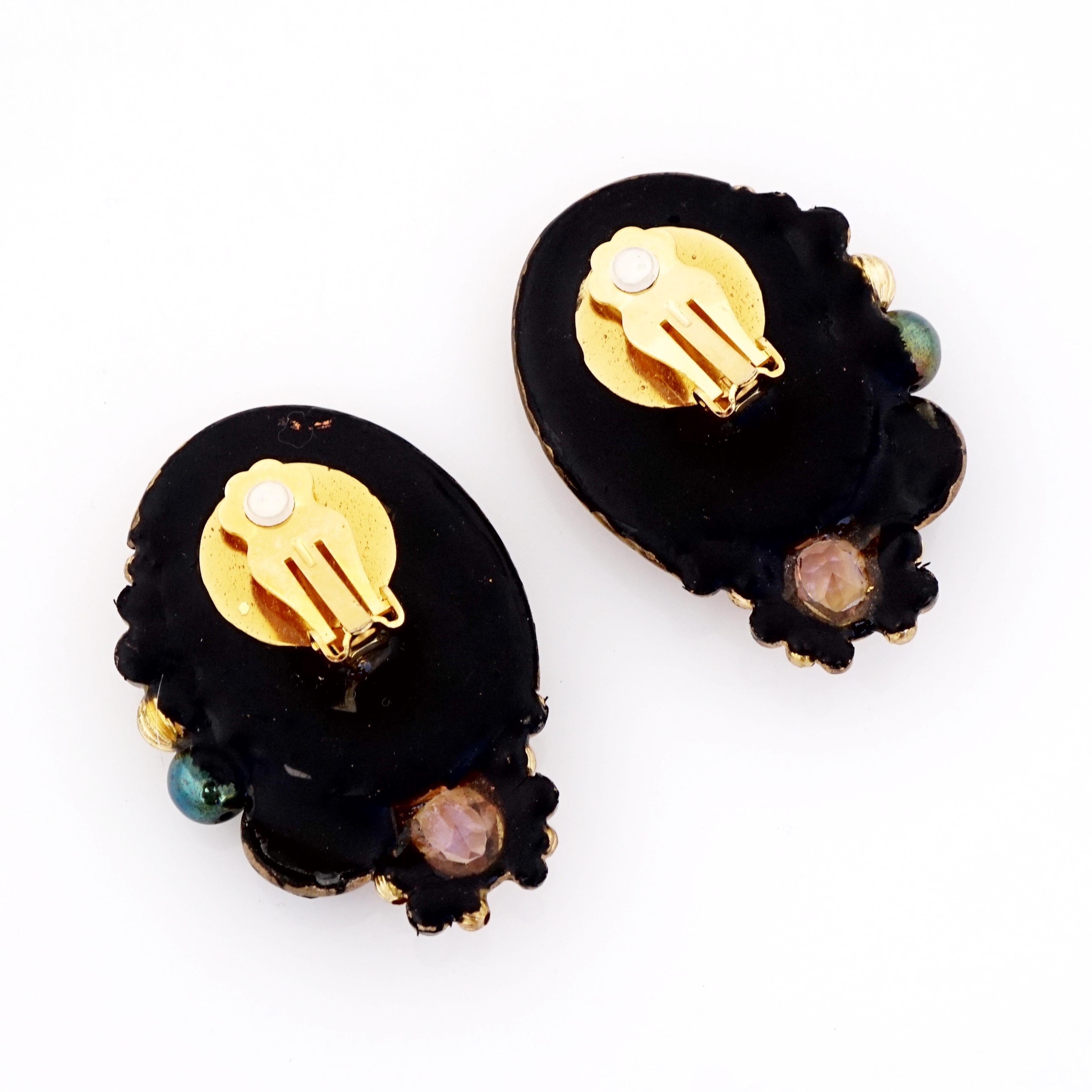 Modern Artisan Gold Leaf Oval Statement Earrings With Cabochon Cluster, 1980s