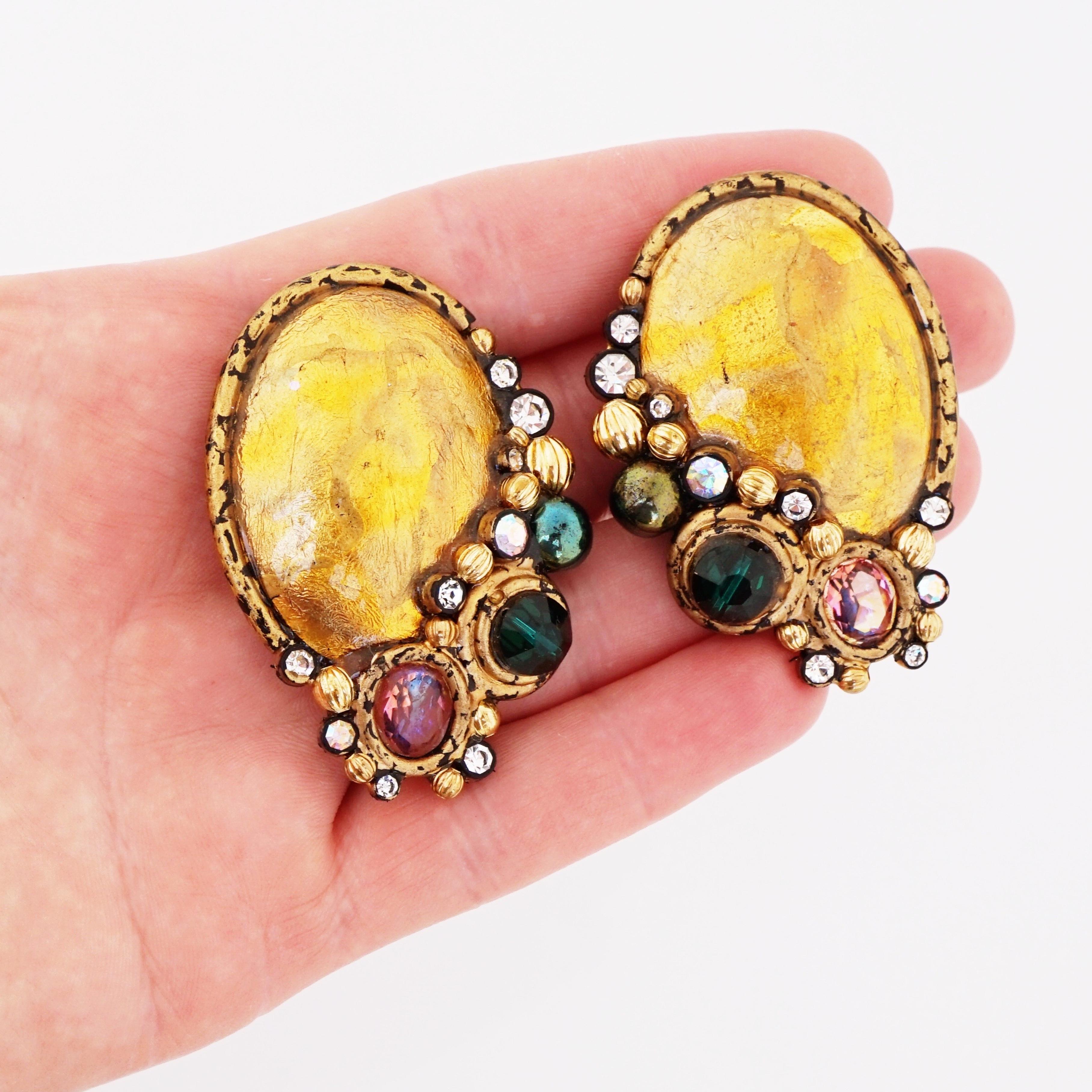 Artisan Gold Leaf Oval Statement Earrings With Cabochon Cluster, 1980s In Good Condition In McKinney, TX