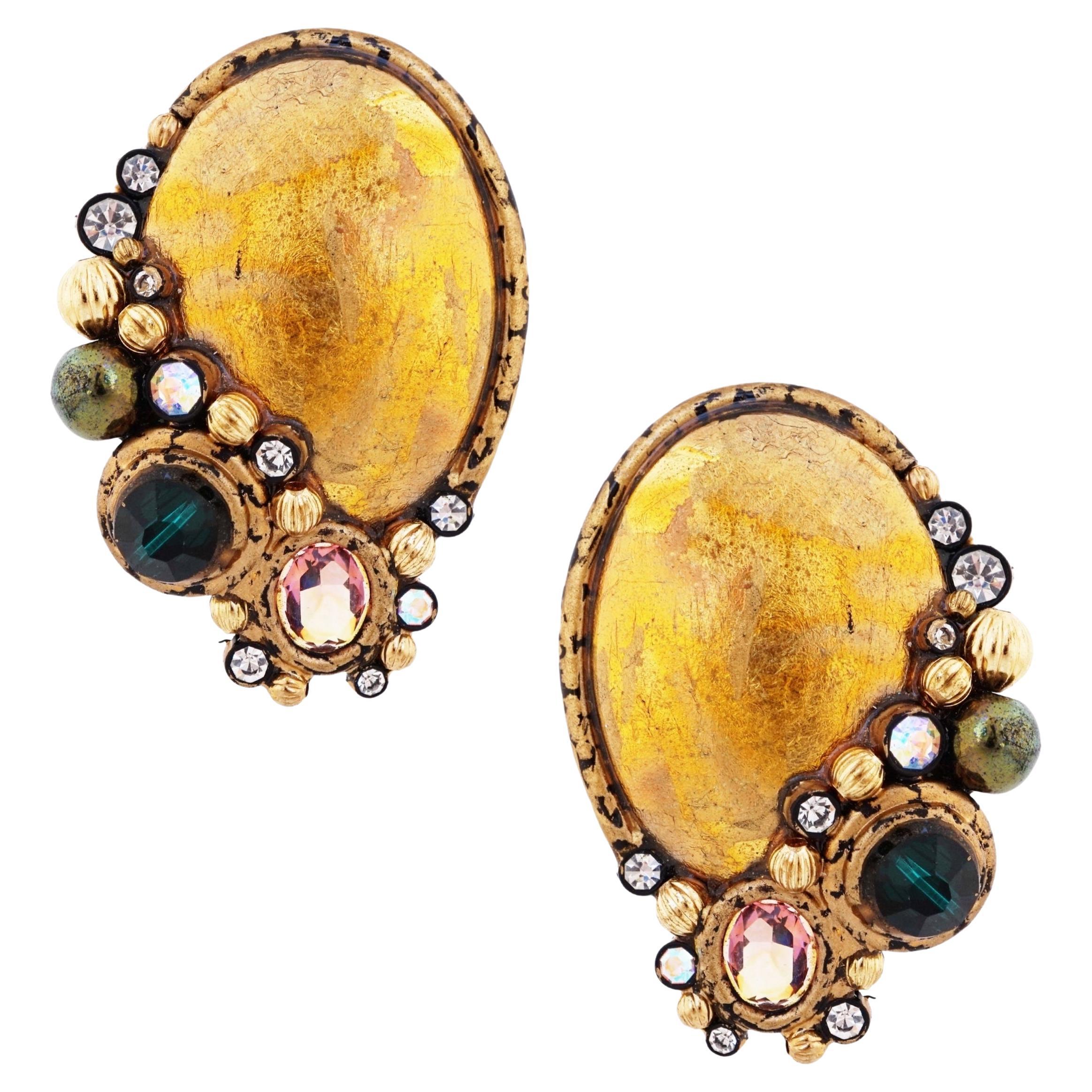 Artisan Gold Leaf Oval Statement Earrings With Cabochon Cluster, 1980s