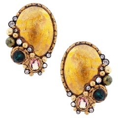 Artisan Gold Leaf Oval Statement Earrings With Cabochon Cluster, 1980s