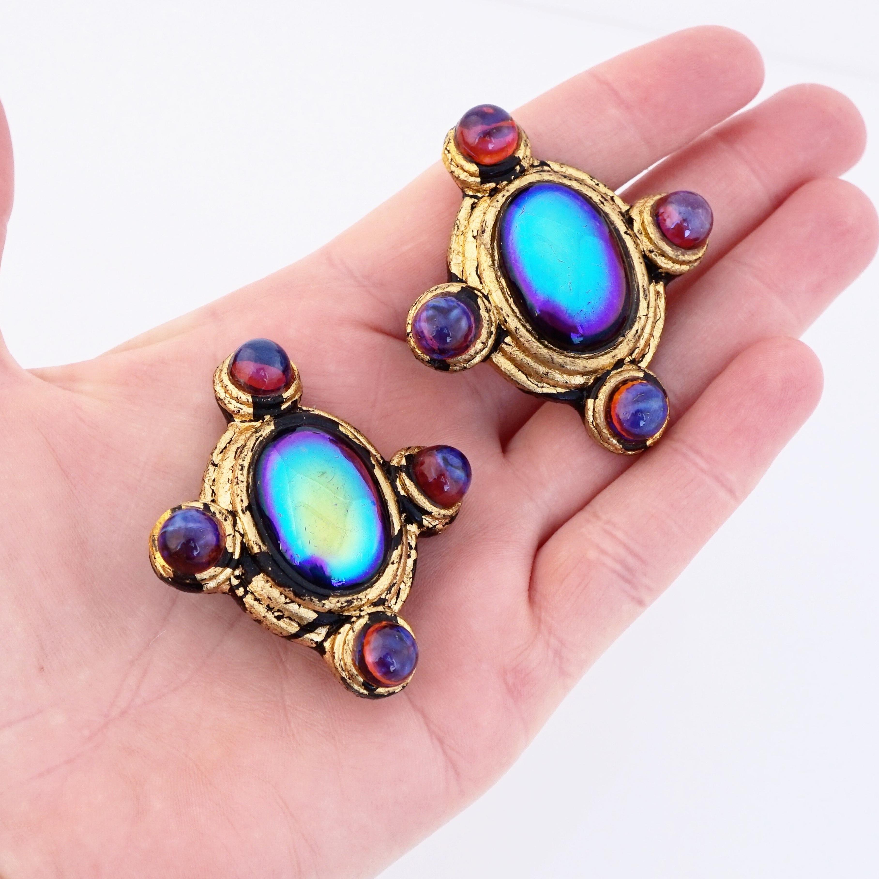 Artisan Gold Leaf Statement Earrings With Oil Slick Cabochons, 1980s For Sale 1