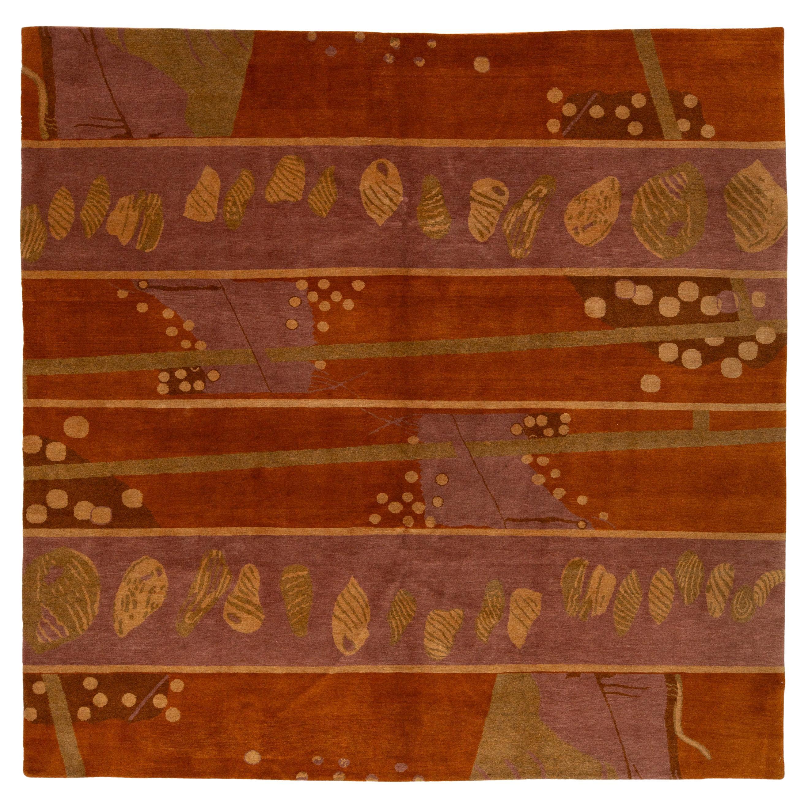Artisan Hand-Knotted Tibetan Wool and Silk Rug In Terracotta Abstract Pattern