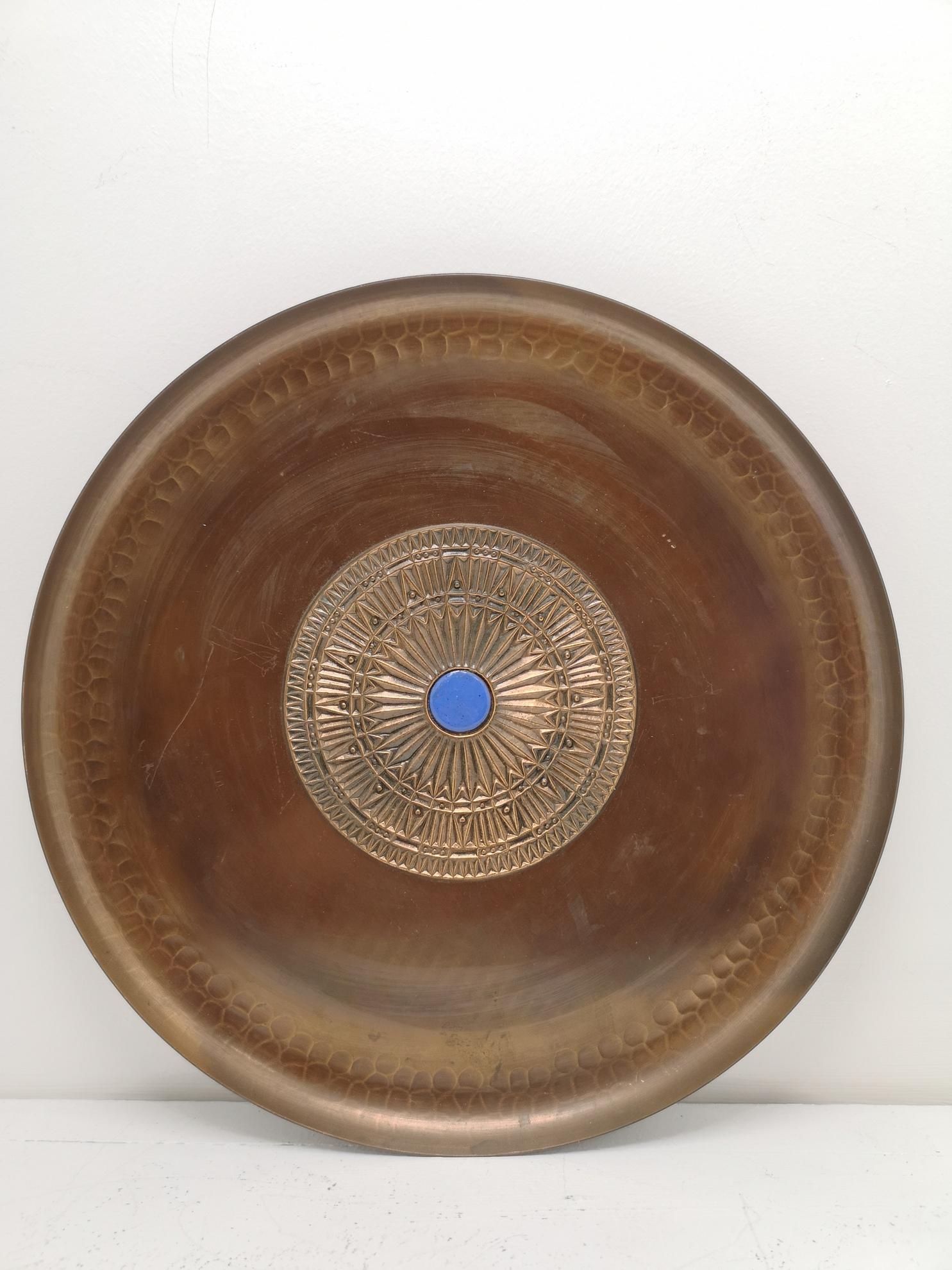 Mid-Century Modern Artisan Hand Made Mid Century Copper Plate with Blue Enamel Fitting, 1970s For Sale