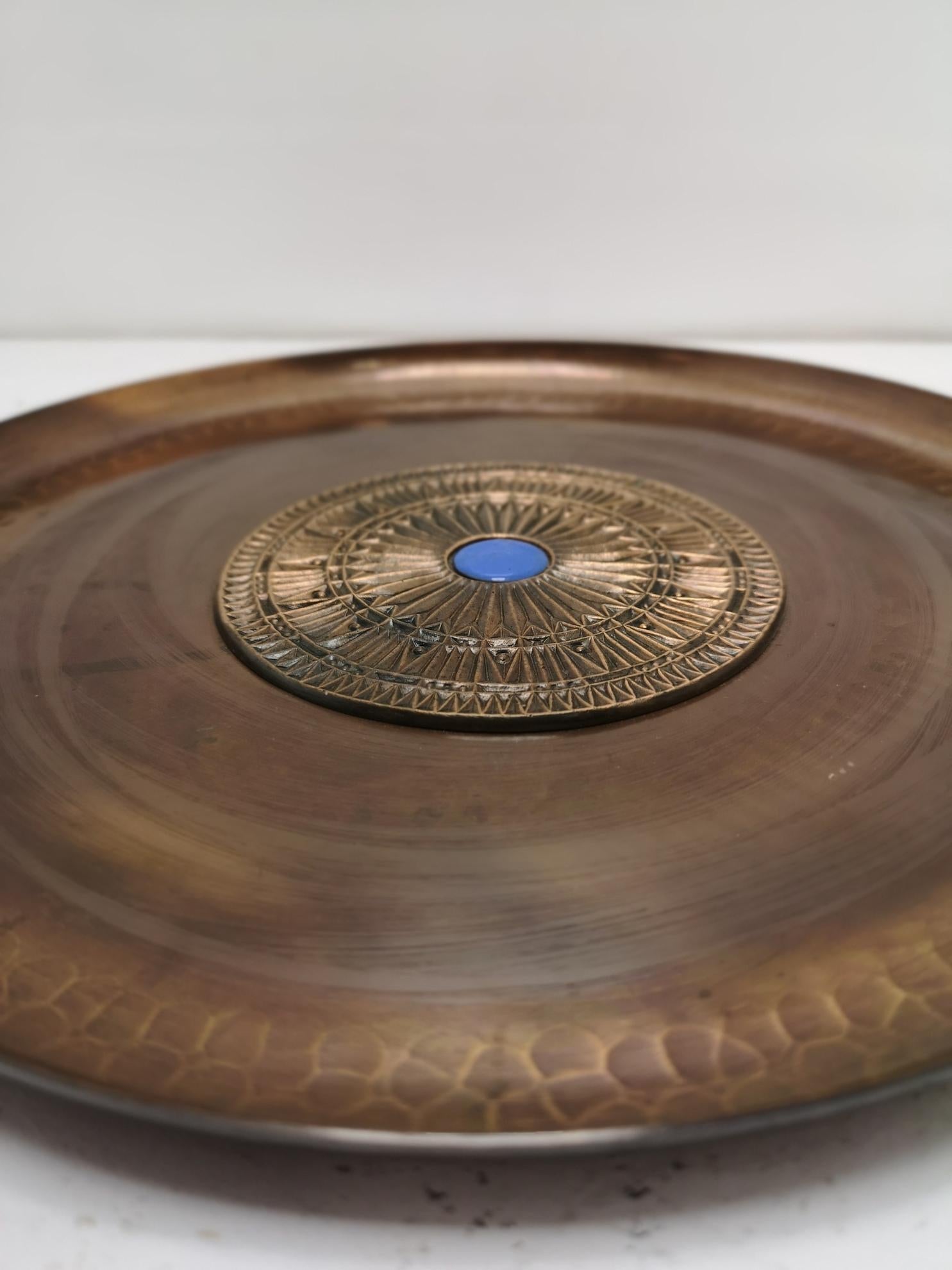 Artisan Hand Made Mid Century Copper Plate with Blue Enamel Fitting, 1970s For Sale 2