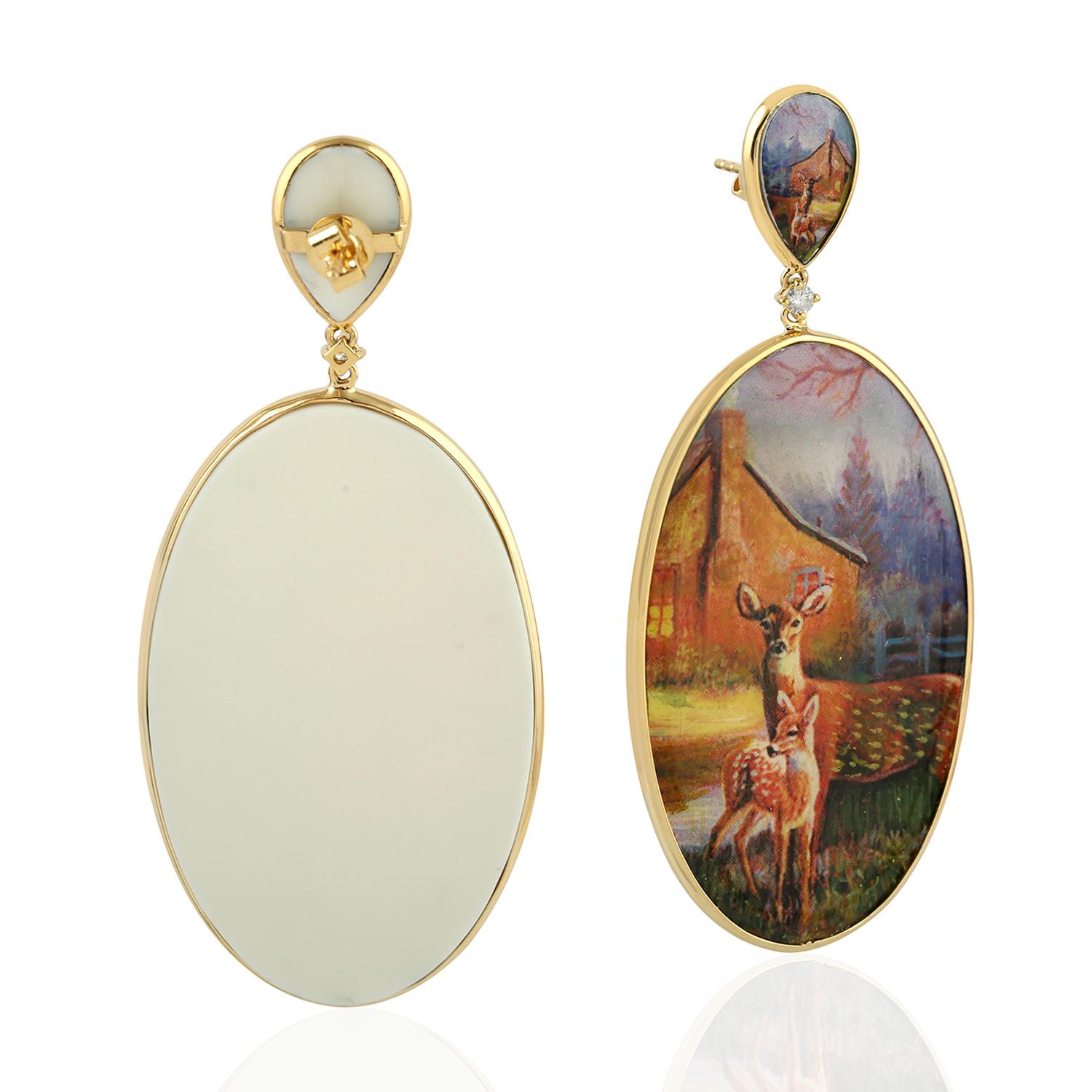 Artigiano Orecchini artigianali in bachelite dipinta a mano in oro giallo 18K in vendita