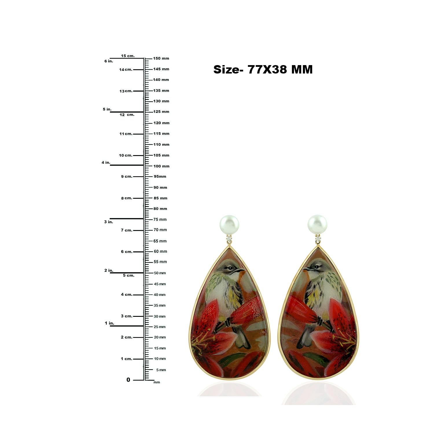 Taille mixte Boucles d'oreilles artisanales en or jaune 18K avec perles �émaillées peintes à la main en vente