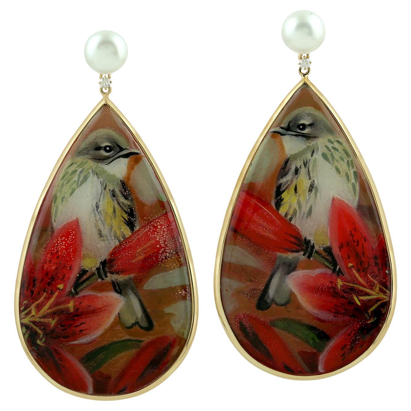 Orecchini artigianali in oro giallo 18 carati con perle smaltate e dipinte a mano