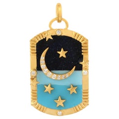 Kunsthandwerklich gefertigter Mitternachtshimmel-Emaille-Anhänger aus 14k Gelbgold mit Diamanten