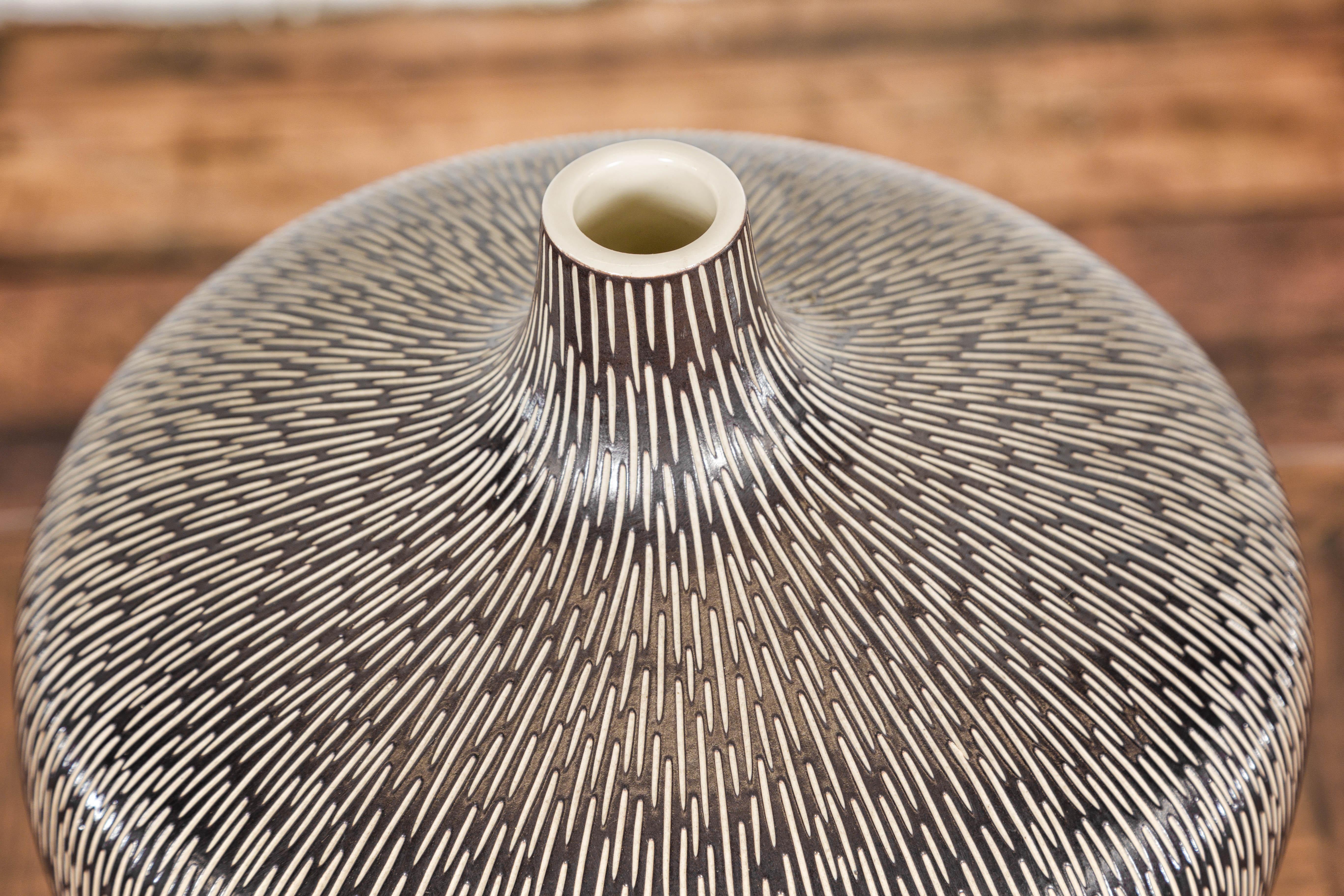 Artisan Handmade Brown Glazed Ceramic Vase with Textured Cream Stokes For Sale 6