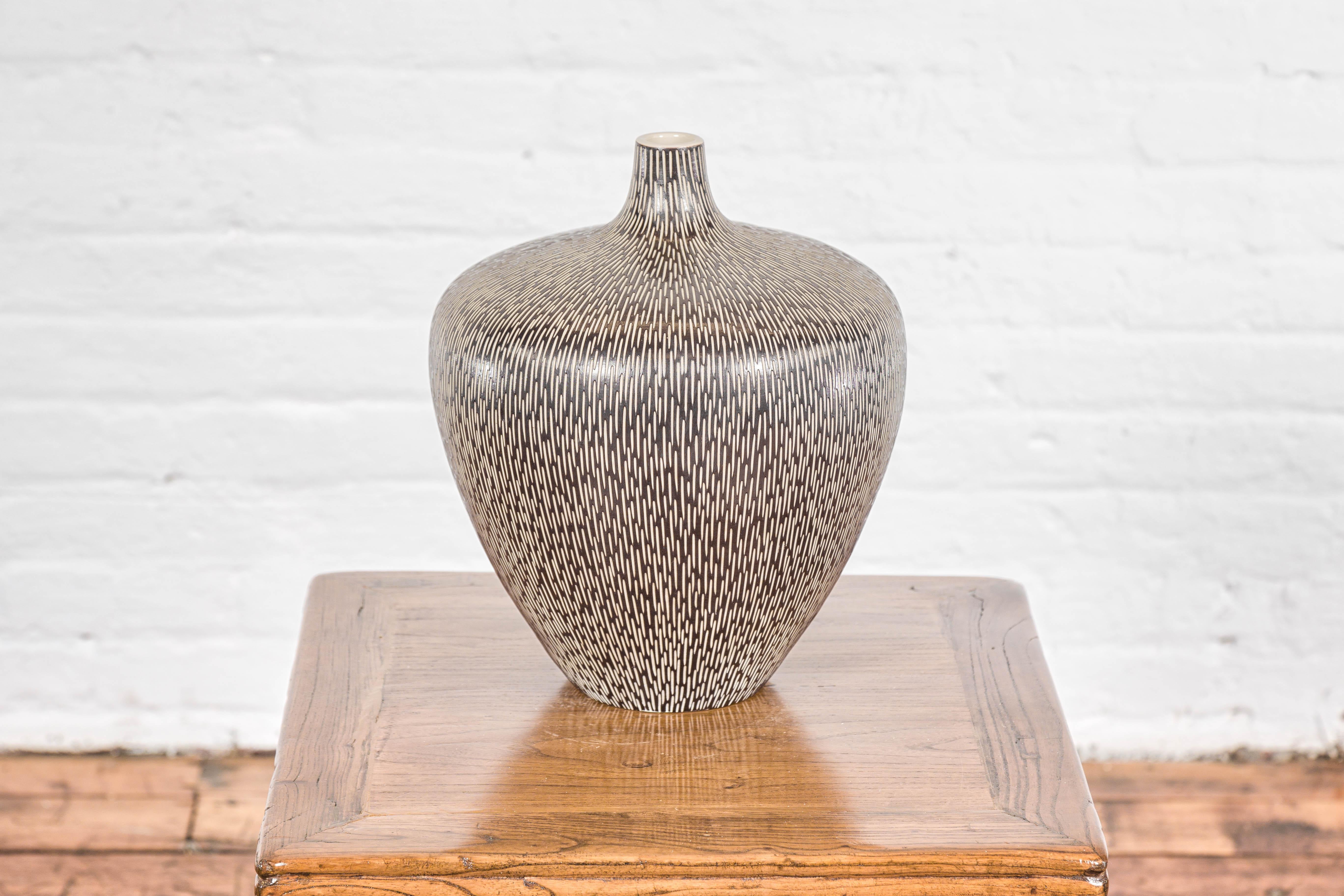 Artisan Handmade Brown Glazed Ceramic Vase with Textured Cream Stokes For Sale 7