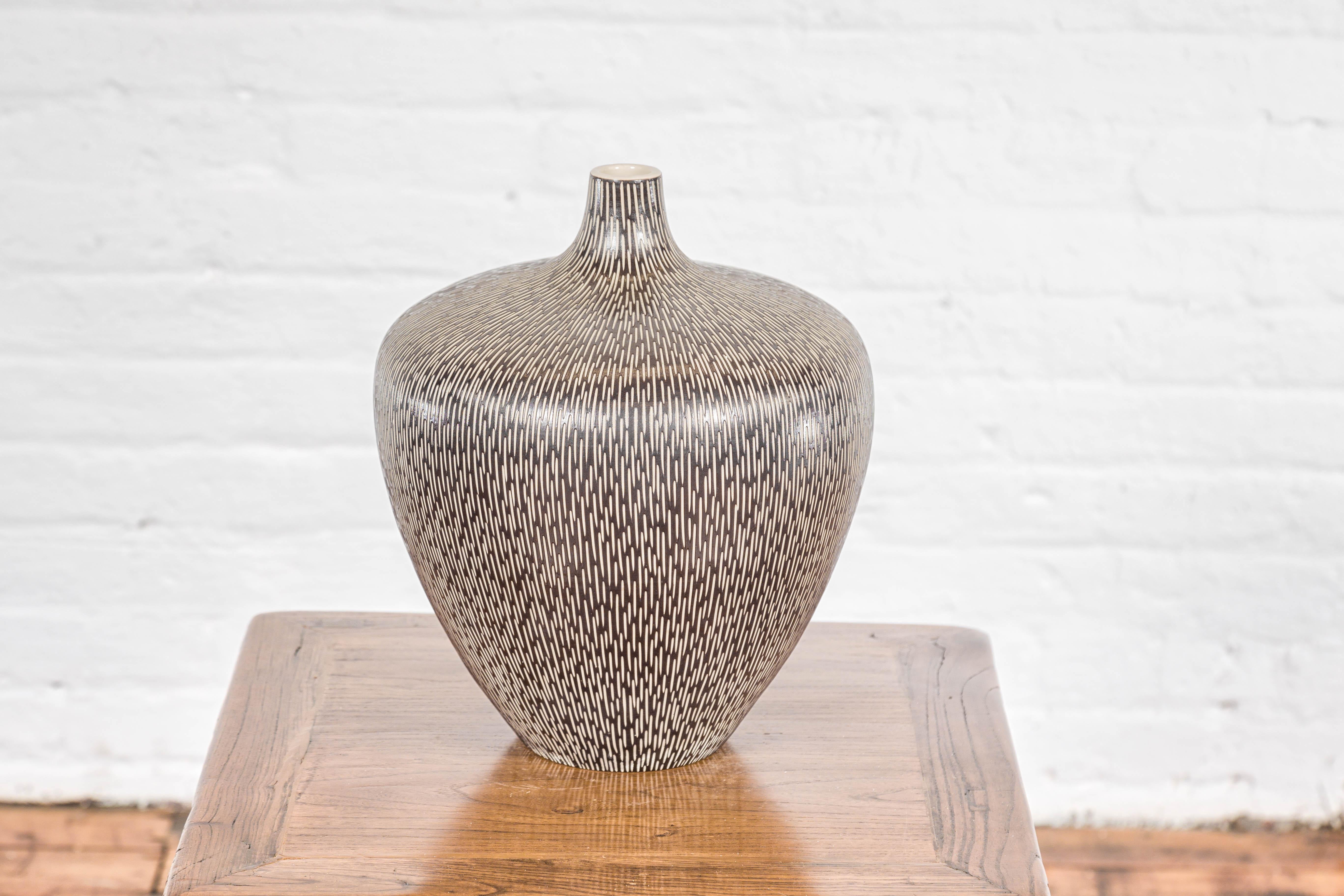 Artisan Handmade Brown Glazed Ceramic Vase with Textured Cream Stokes For Sale 8