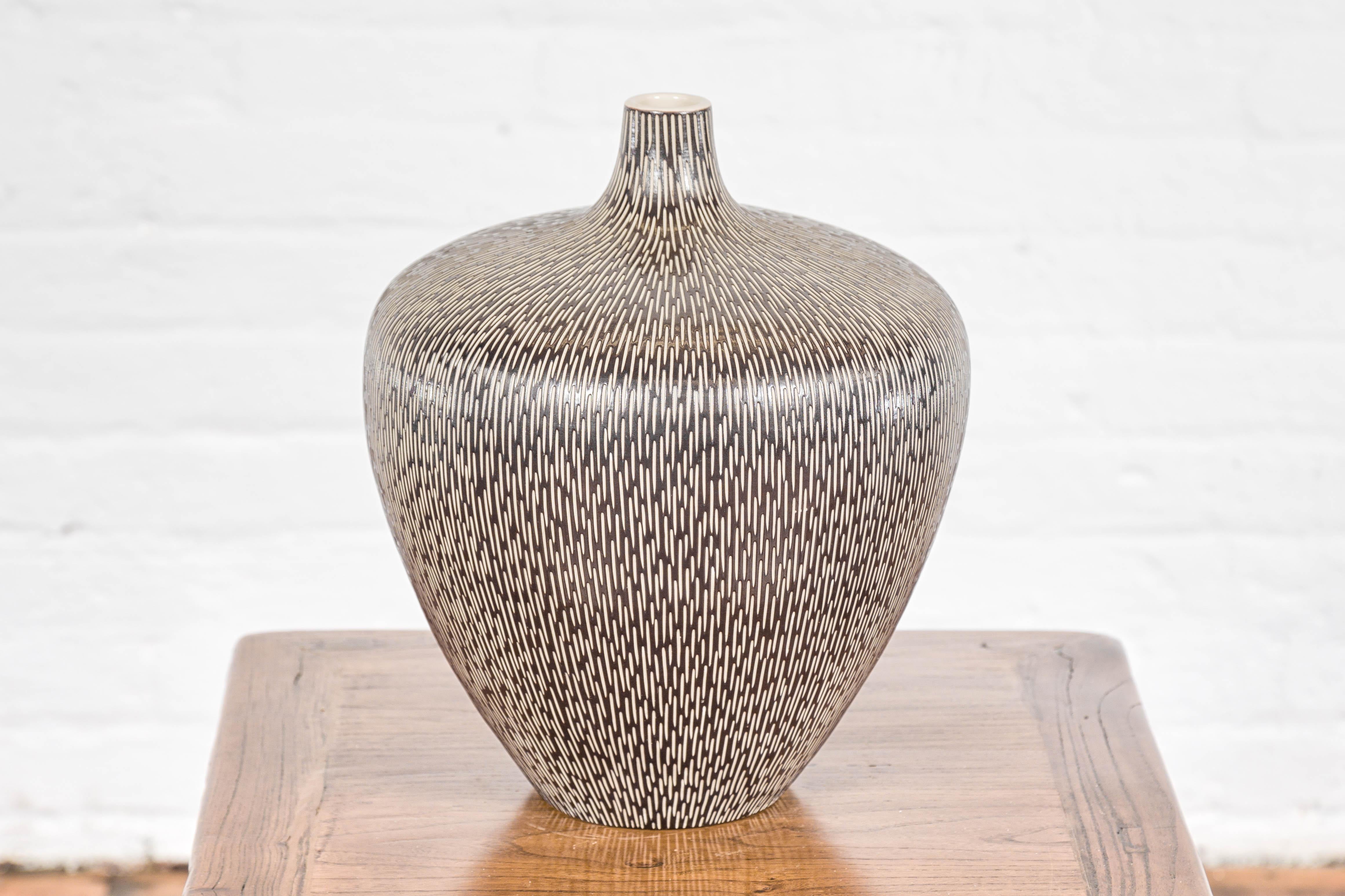 Artisan Handmade Brown Glazed Ceramic Vase with Textured Cream Stokes For Sale 9