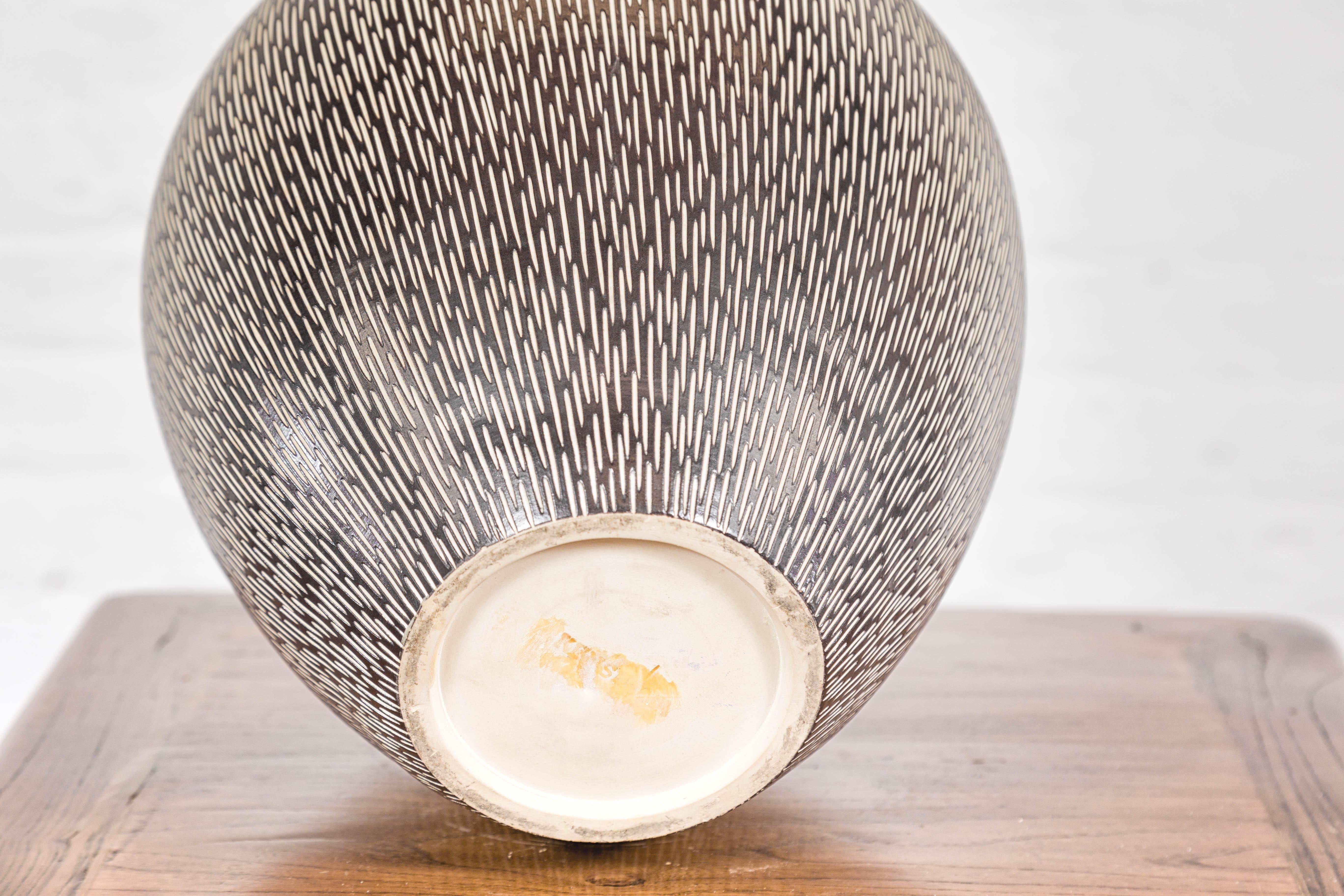 Artisan Handmade Brown Glazed Ceramic Vase with Textured Cream Stokes For Sale 11