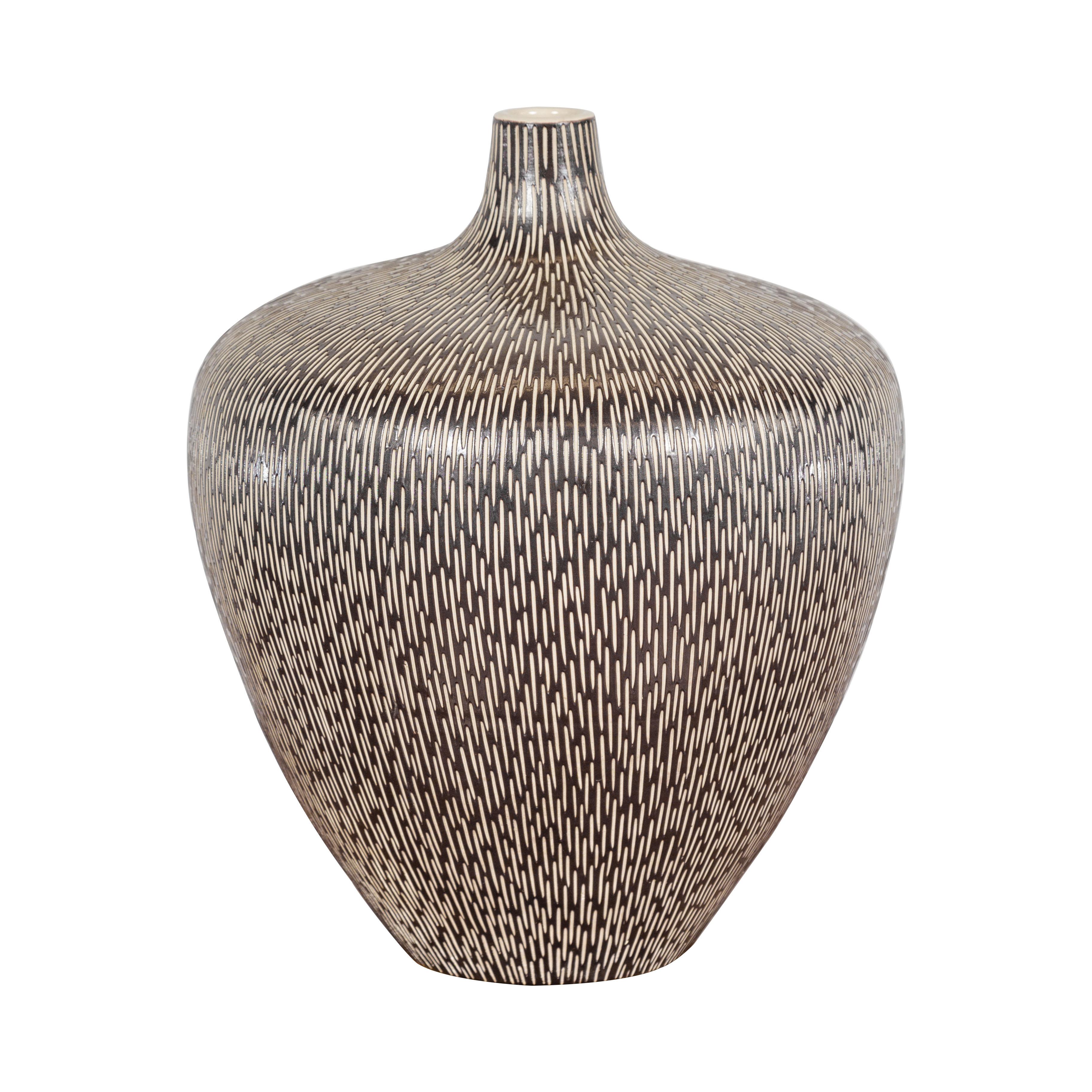 Artisan Handmade Brown Glazed Ceramic Vase with Textured Cream Stokes For Sale 12