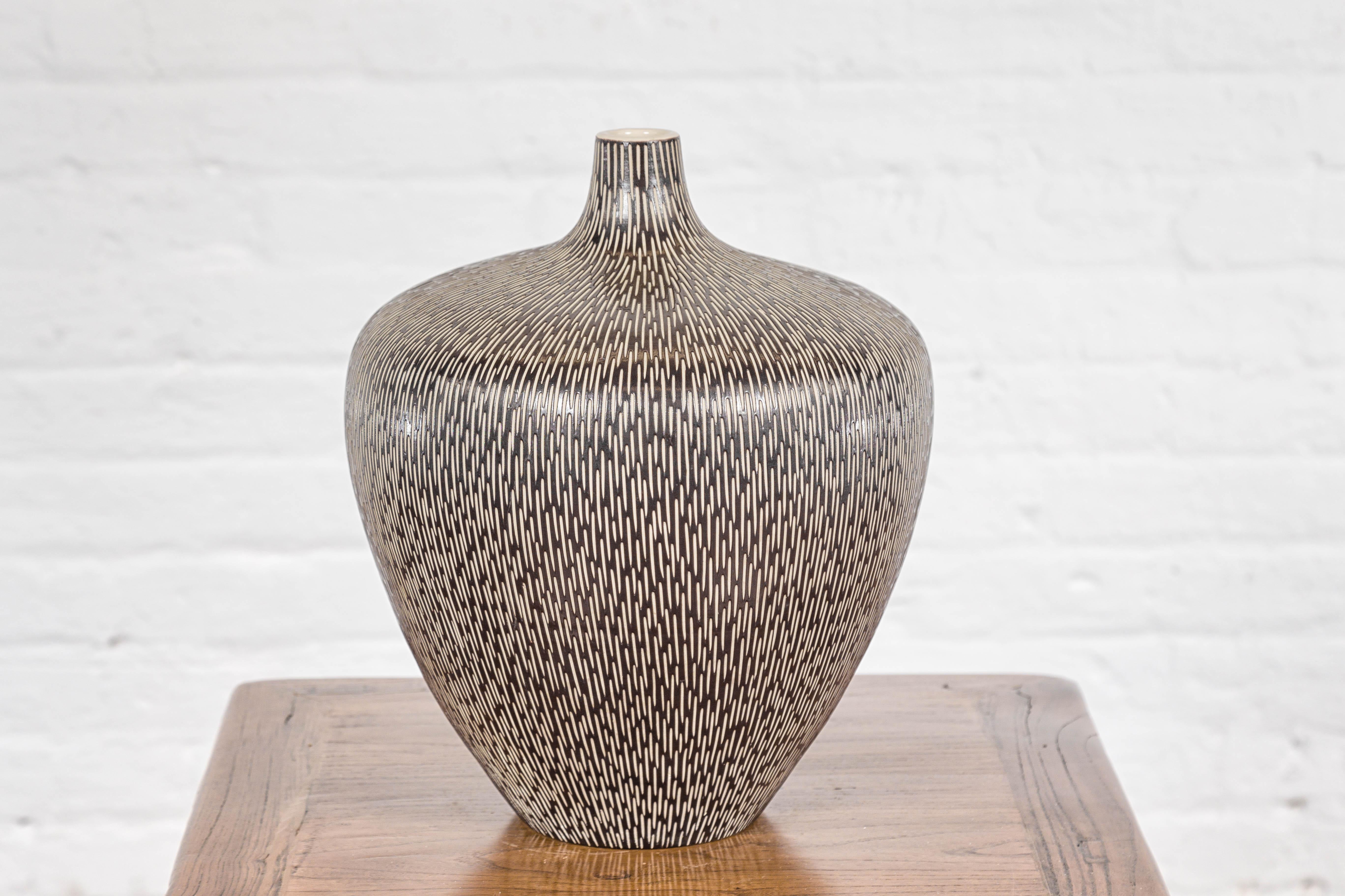 Contemporary Artisan Handmade Brown Glazed Ceramic Vase with Textured Cream Stokes For Sale