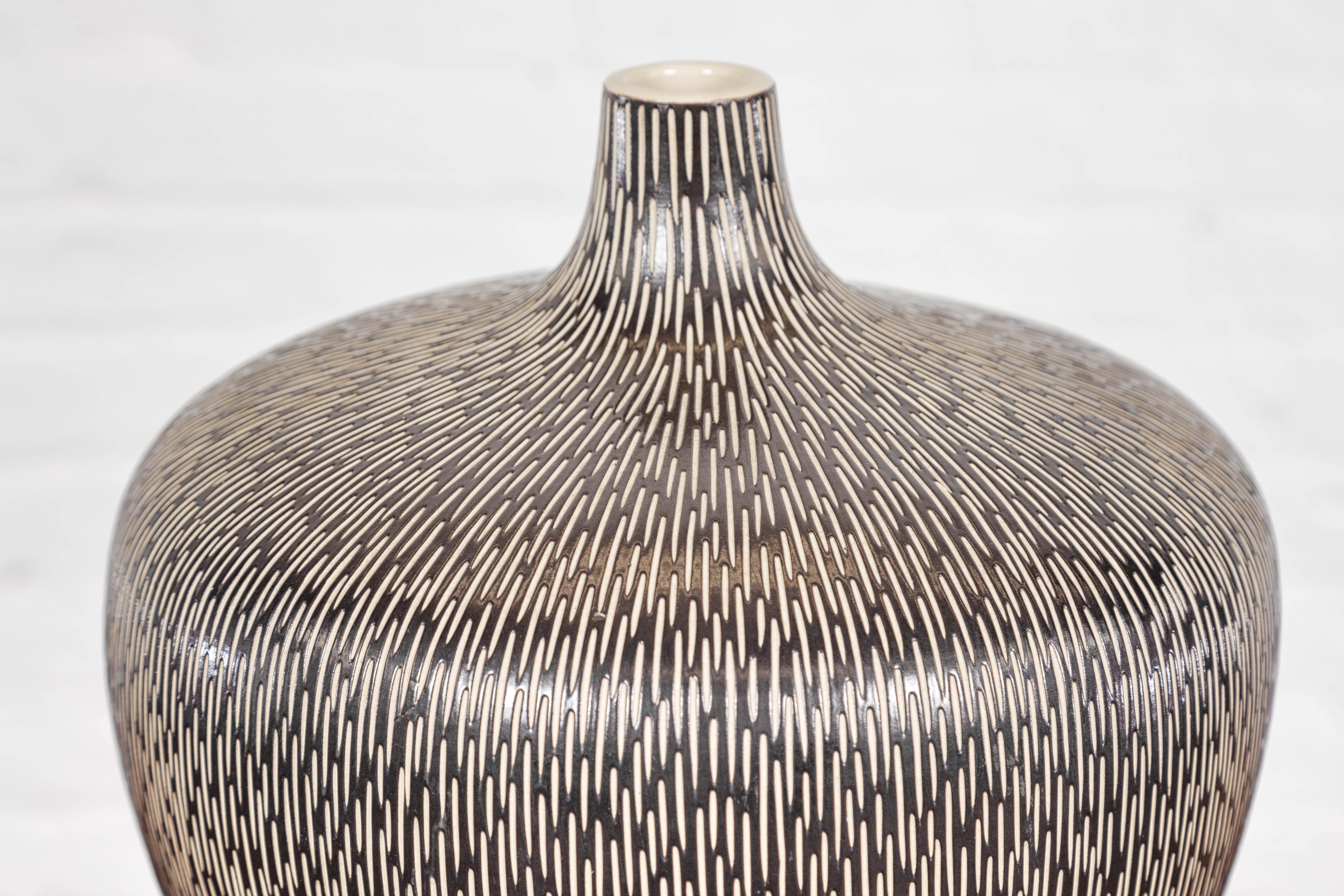 Artisan Handmade Brown Glazed Ceramic Vase with Textured Cream Stokes For Sale 3