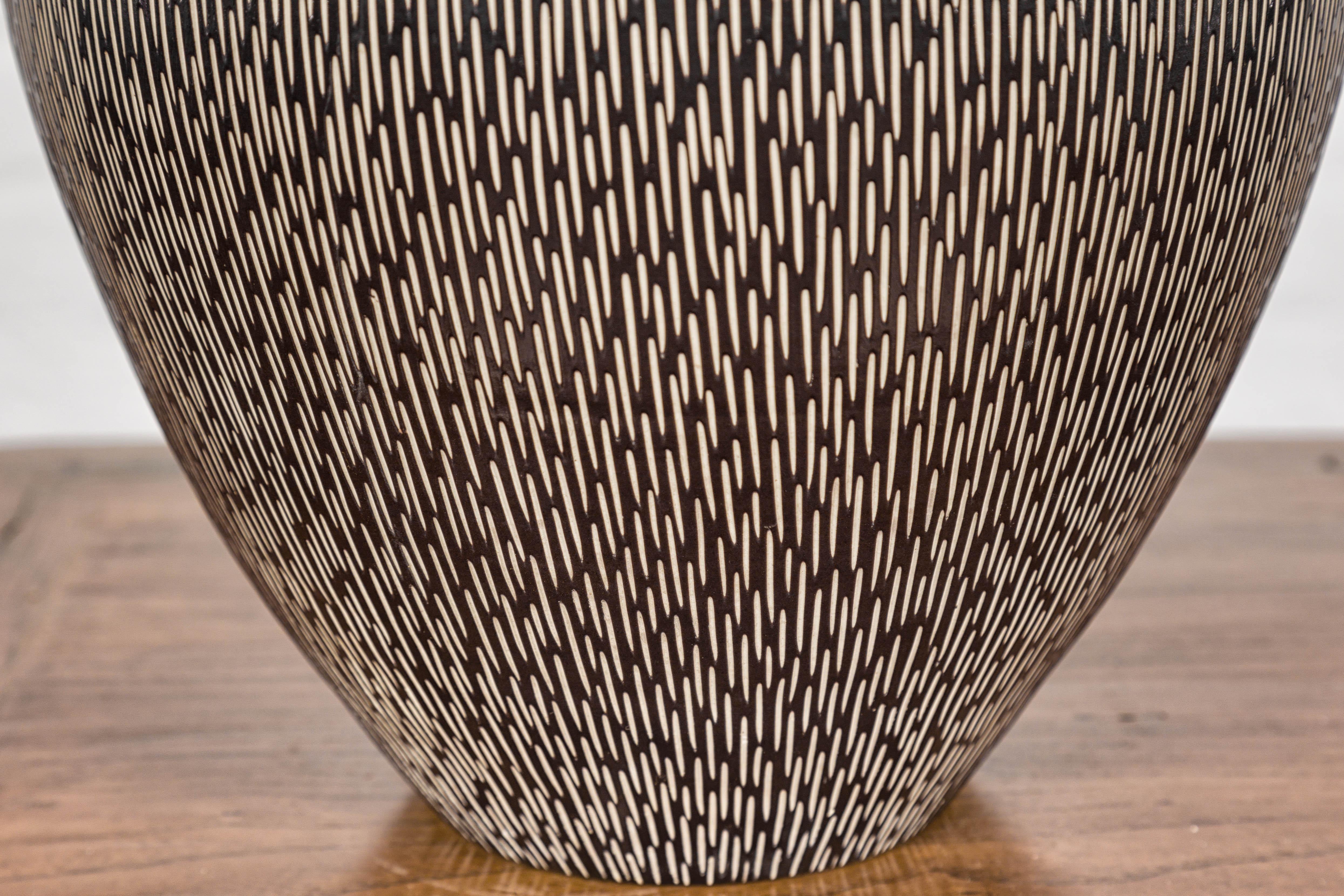 Artisan Handmade Brown Glazed Ceramic Vase with Textured Cream Stokes For Sale 5