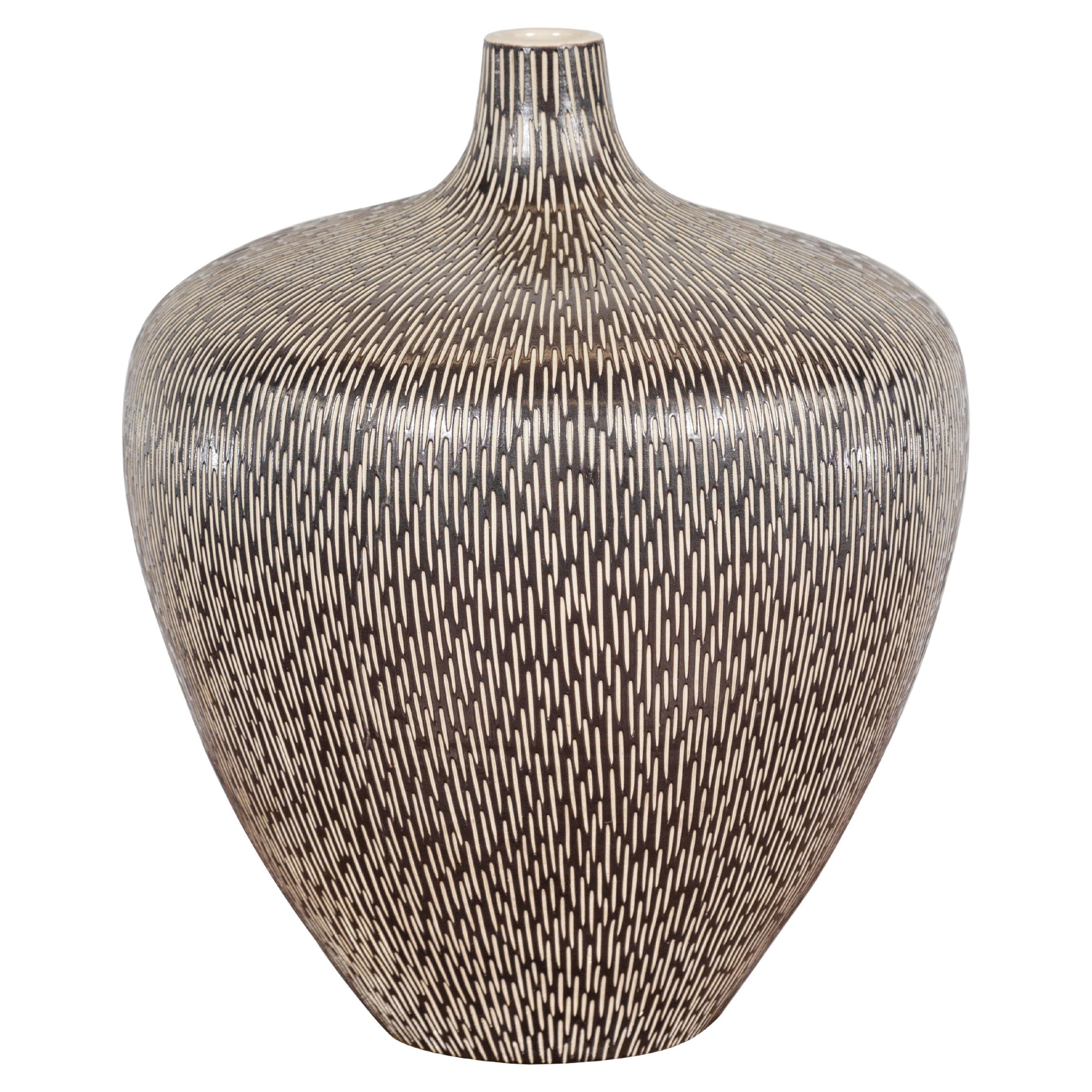 Artisan Handmade Brown Glazed Ceramic Vase with Textured Cream Stokes For Sale