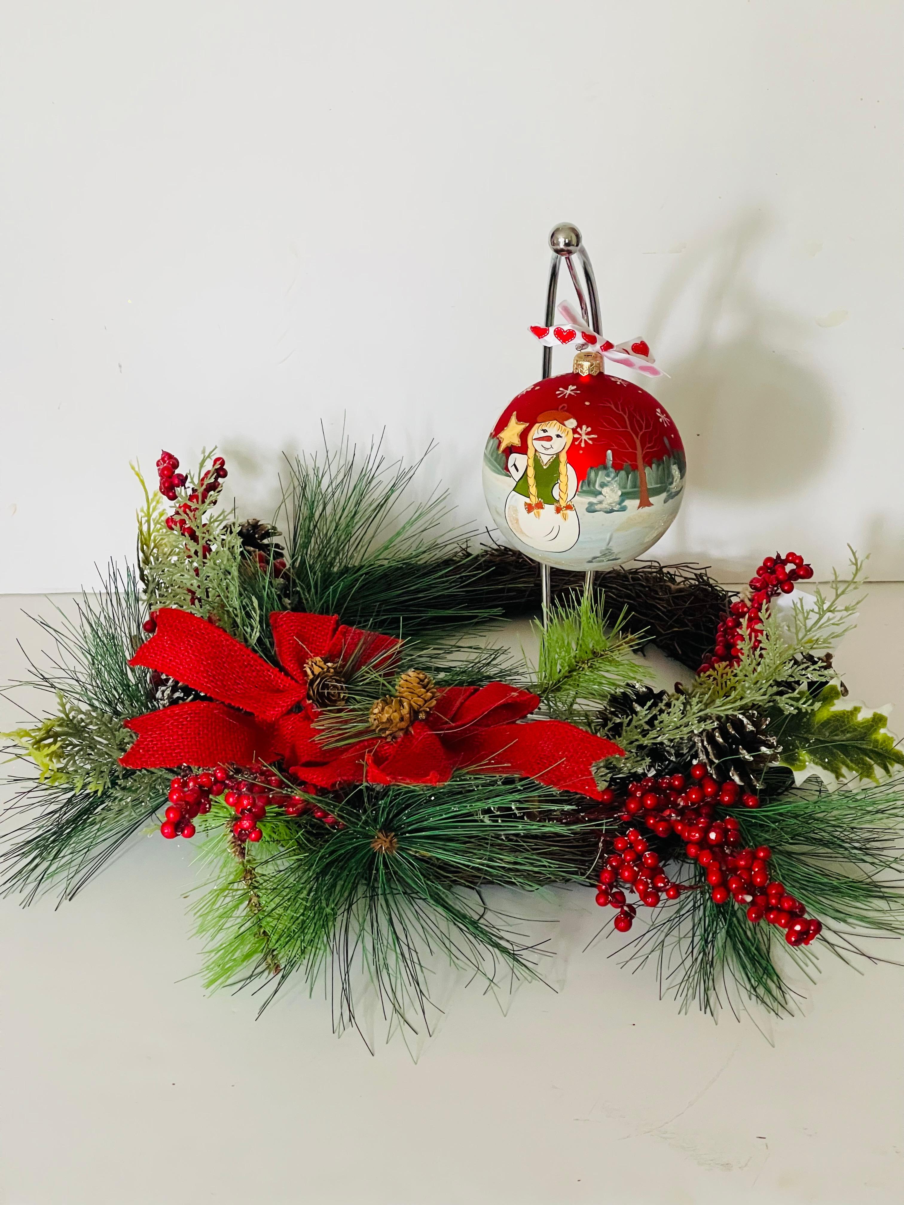Unique artisan made jumbo vintage European blown glass 5” Mercury glass ball Handpainted and on stand . With handmade Christmas wreath 