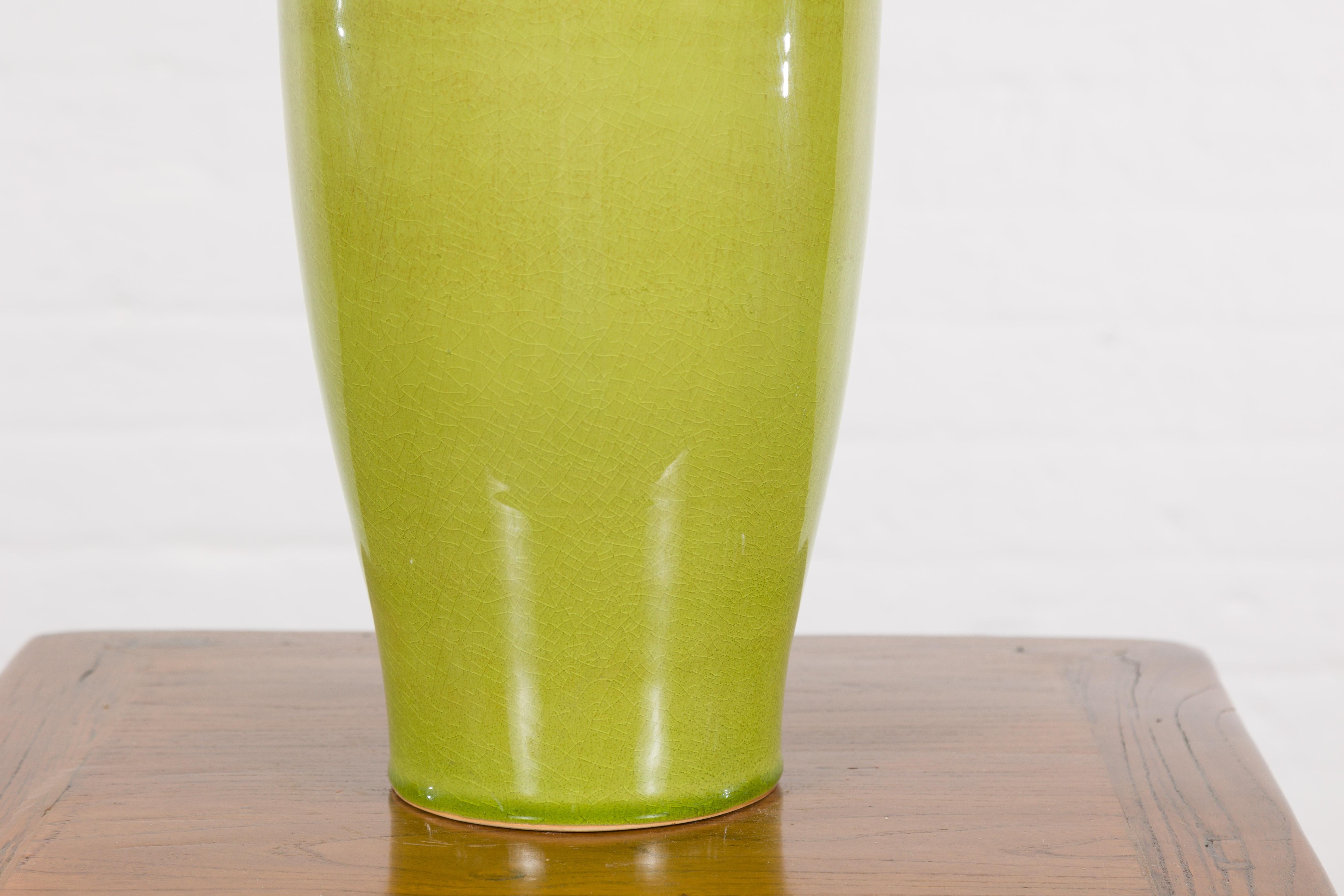 Artisan Handmade Lime Green Glazed Ceramic Vase with Brown Neck For Sale 6