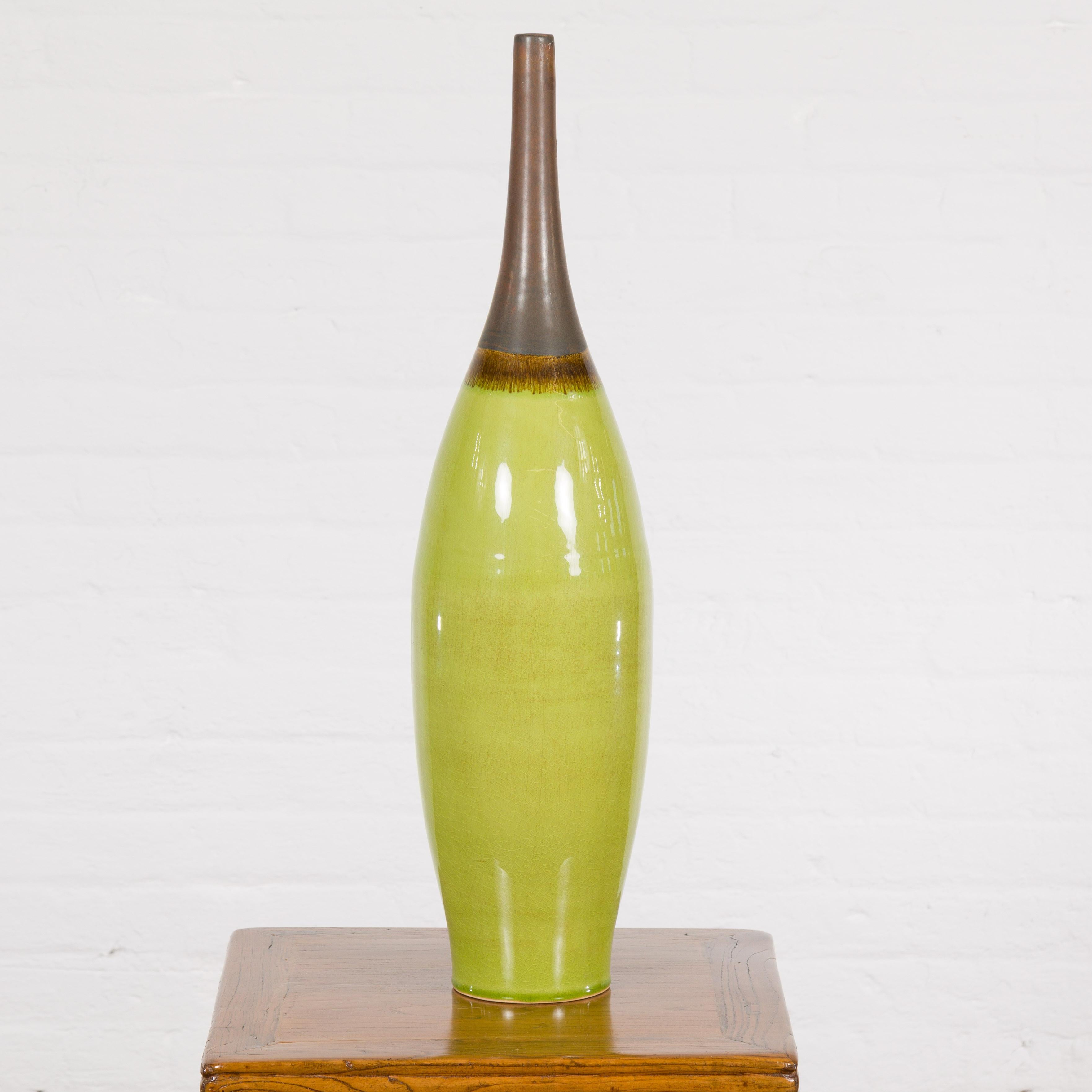Artisan Handmade Lime Green Glazed Ceramic Vase with Brown Neck For Sale 7