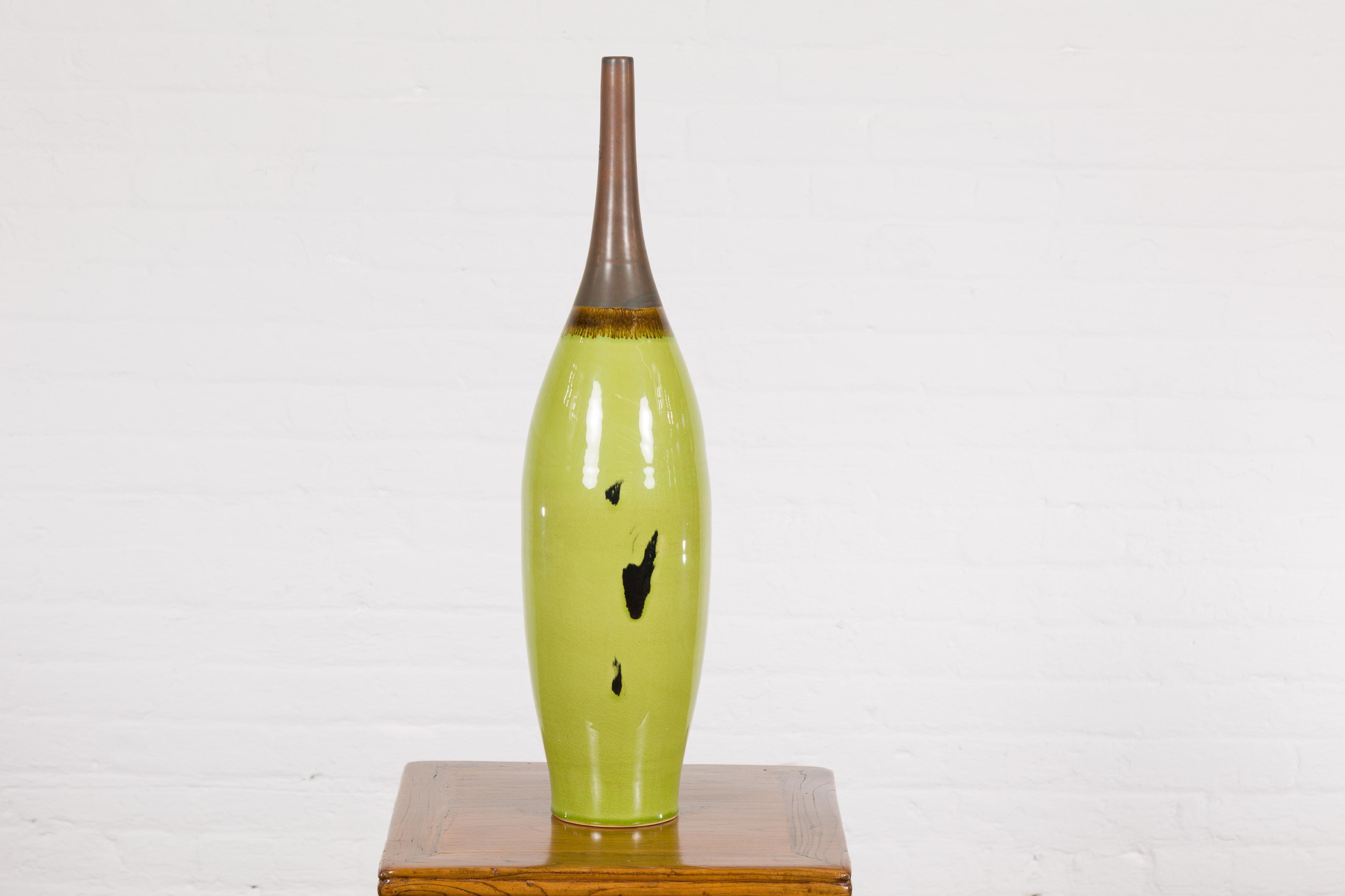 Artisan Handmade Lime Green Glazed Ceramic Vase with Brown Neck For Sale 8
