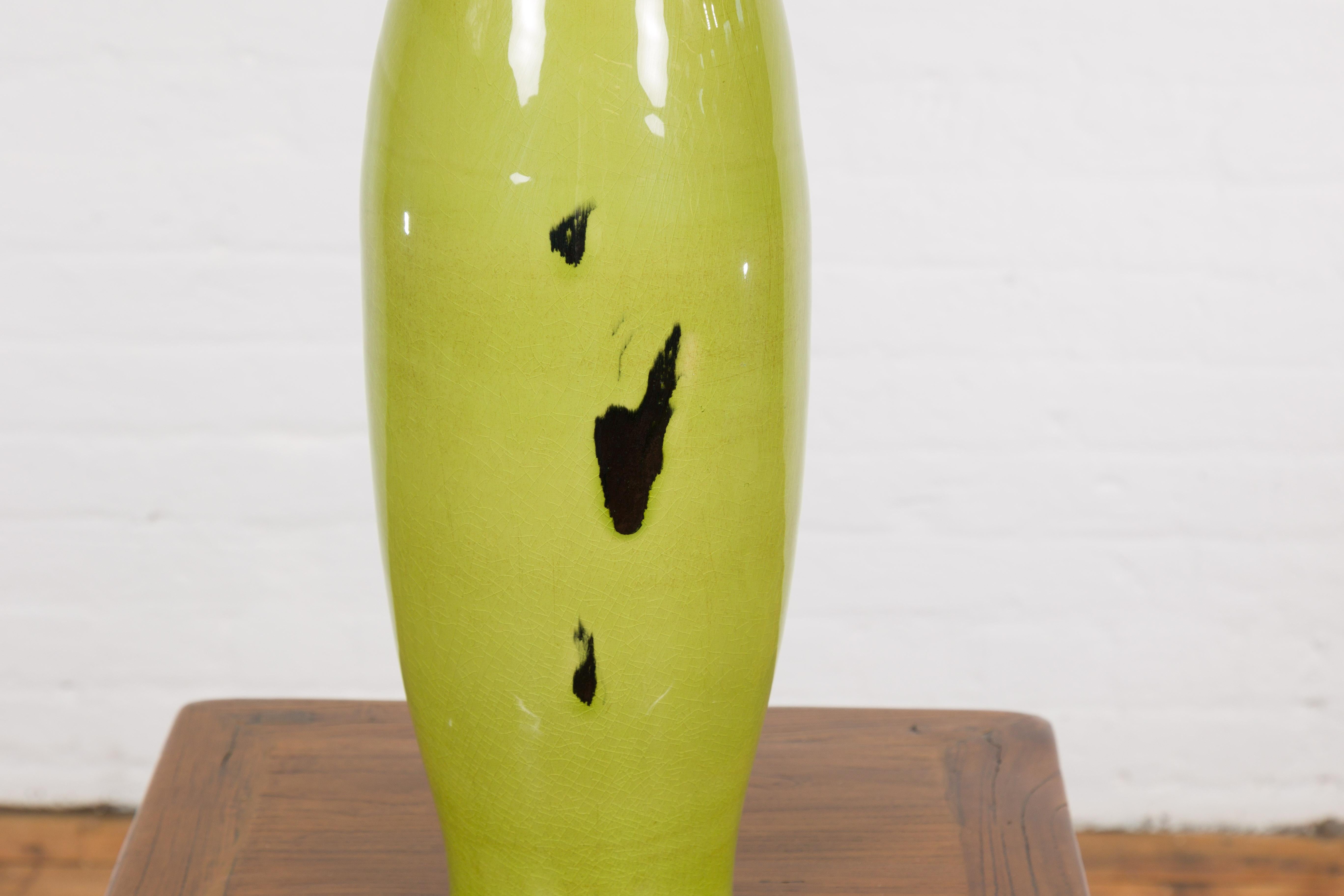 Artisan Handmade Lime Green Glazed Ceramic Vase with Brown Neck For Sale 9
