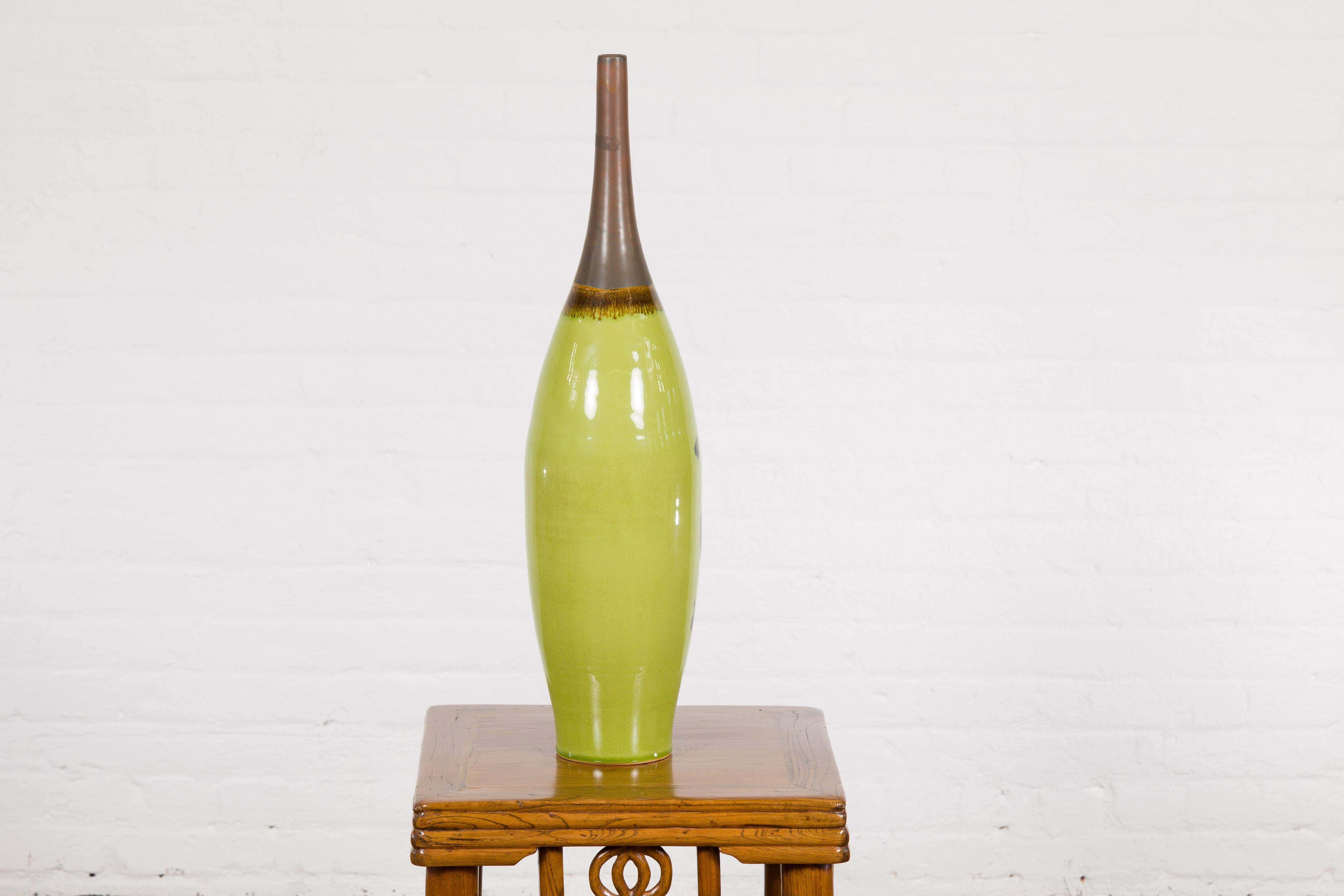 Artisan Handmade Lime Green Glazed Ceramic Vase with Brown Neck For Sale 10