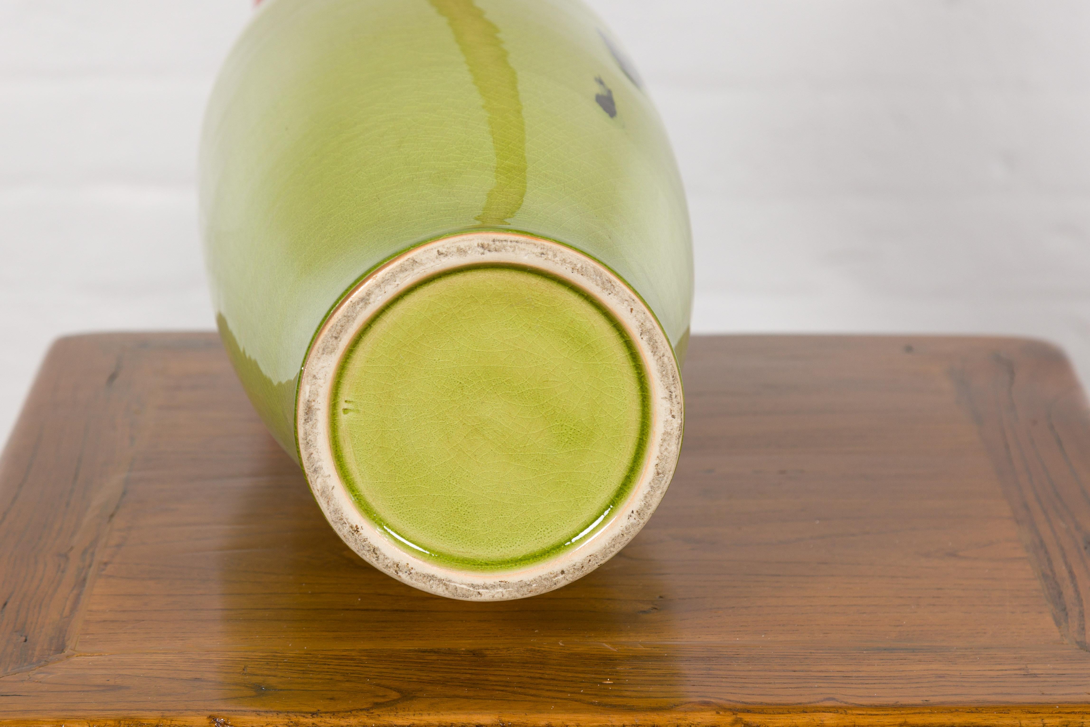 Artisan Handmade Lime Green Glazed Ceramic Vase with Brown Neck For Sale 11