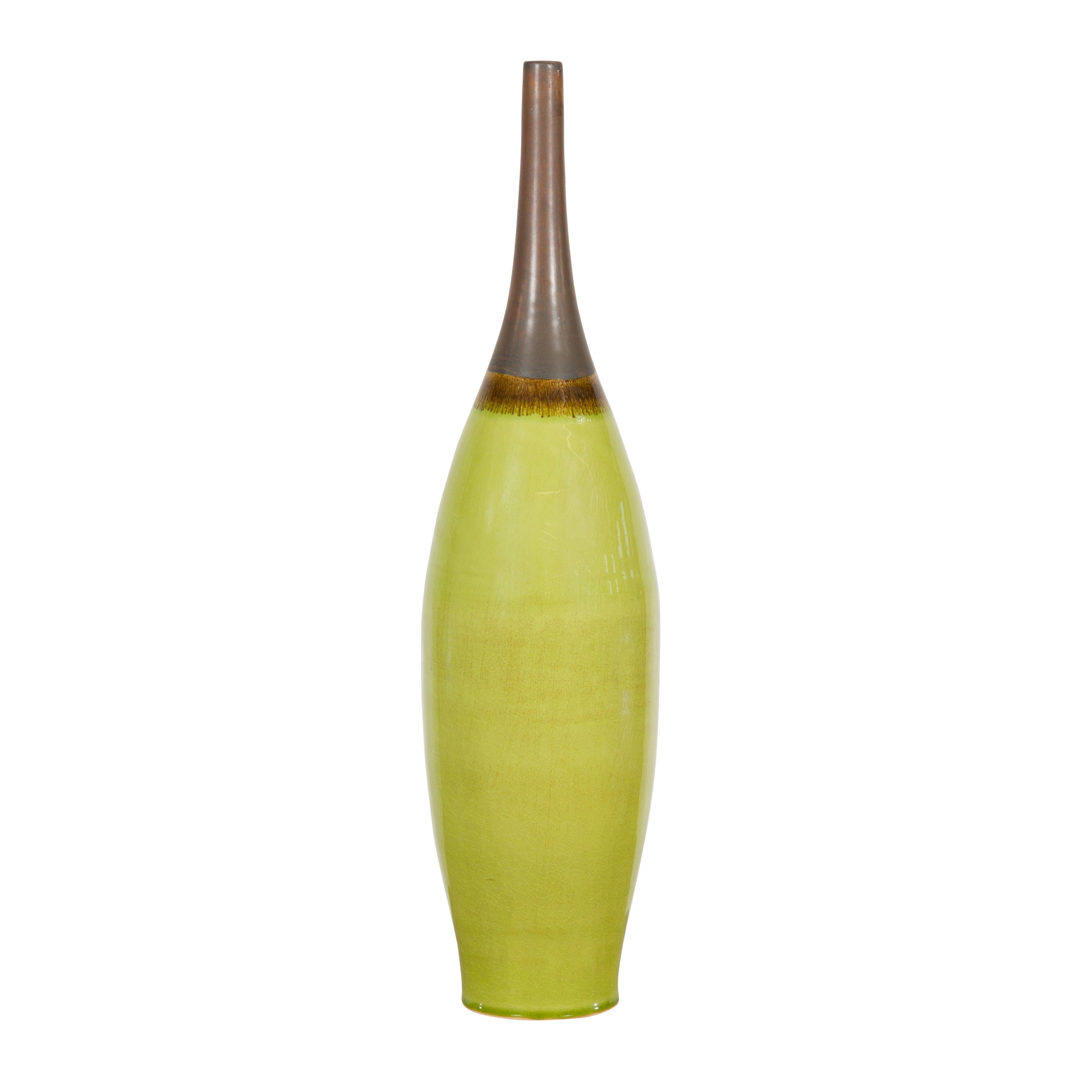 Artisan Handmade Lime Green Glazed Ceramic Vase with Brown Neck For Sale 12