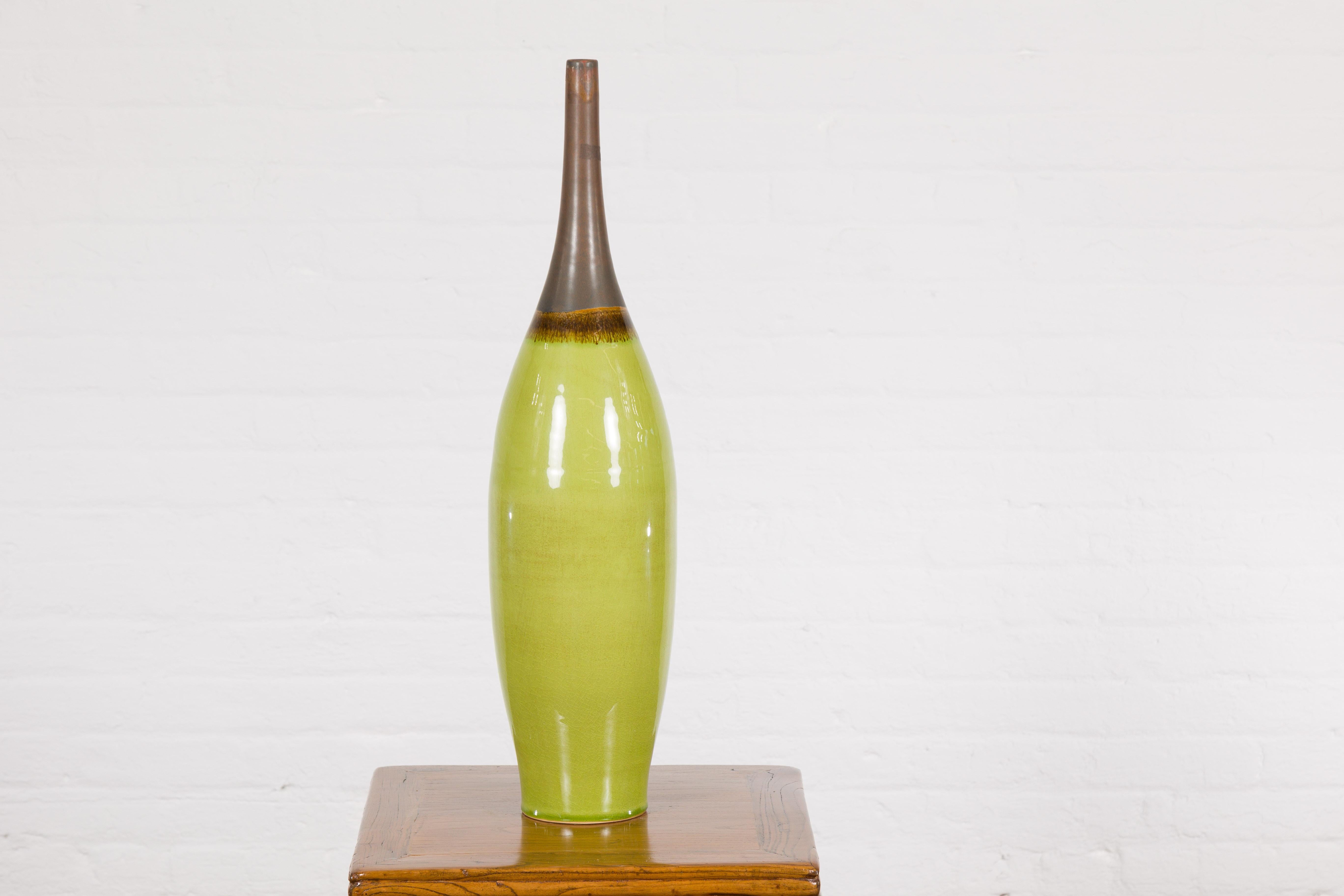 Artisan Handmade Lime Green Glazed Ceramic Vase with Brown Neck In Excellent Condition For Sale In Yonkers, NY