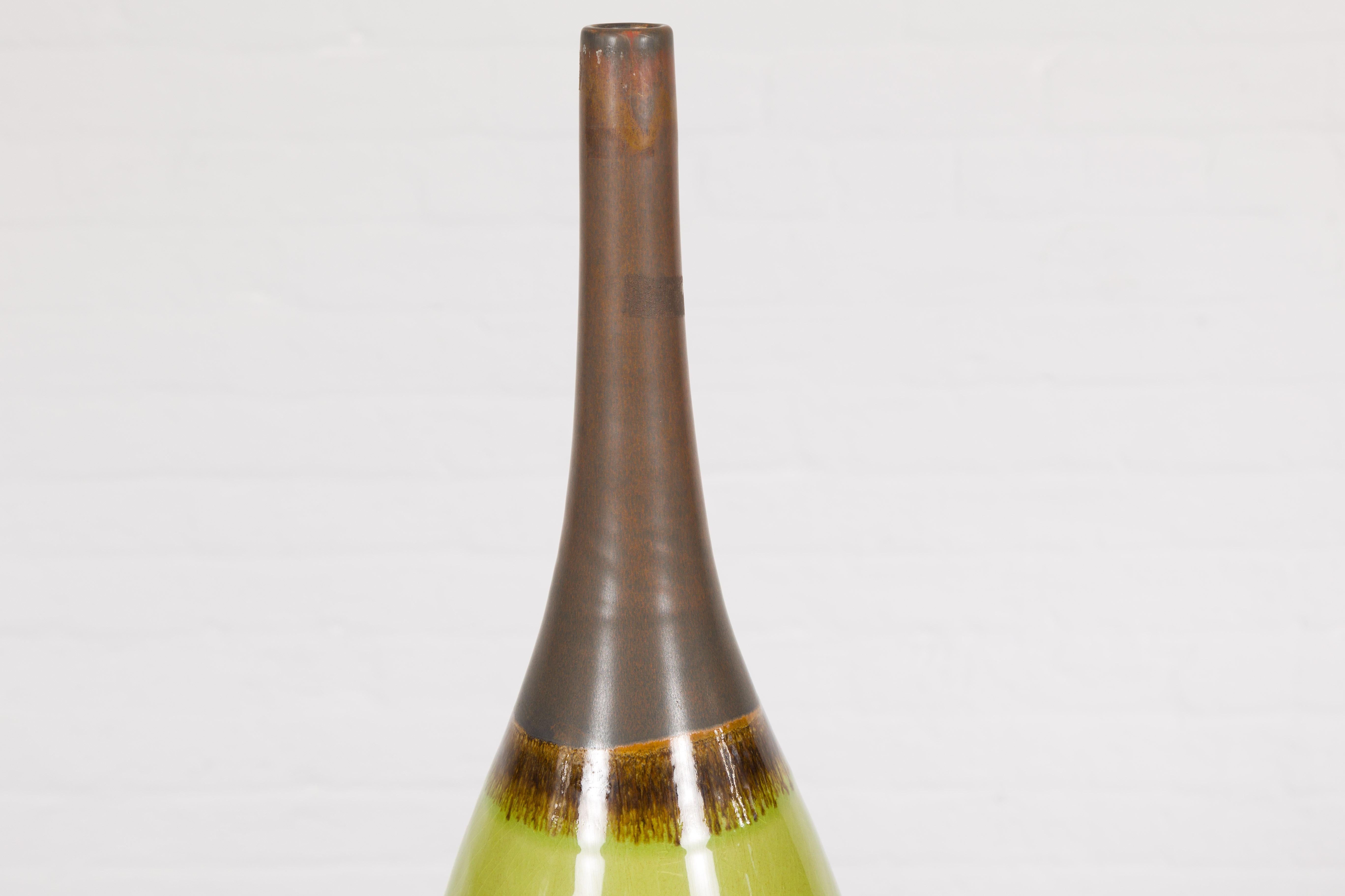 Artisan Handmade Lime Green Glazed Ceramic Vase with Brown Neck For Sale 2