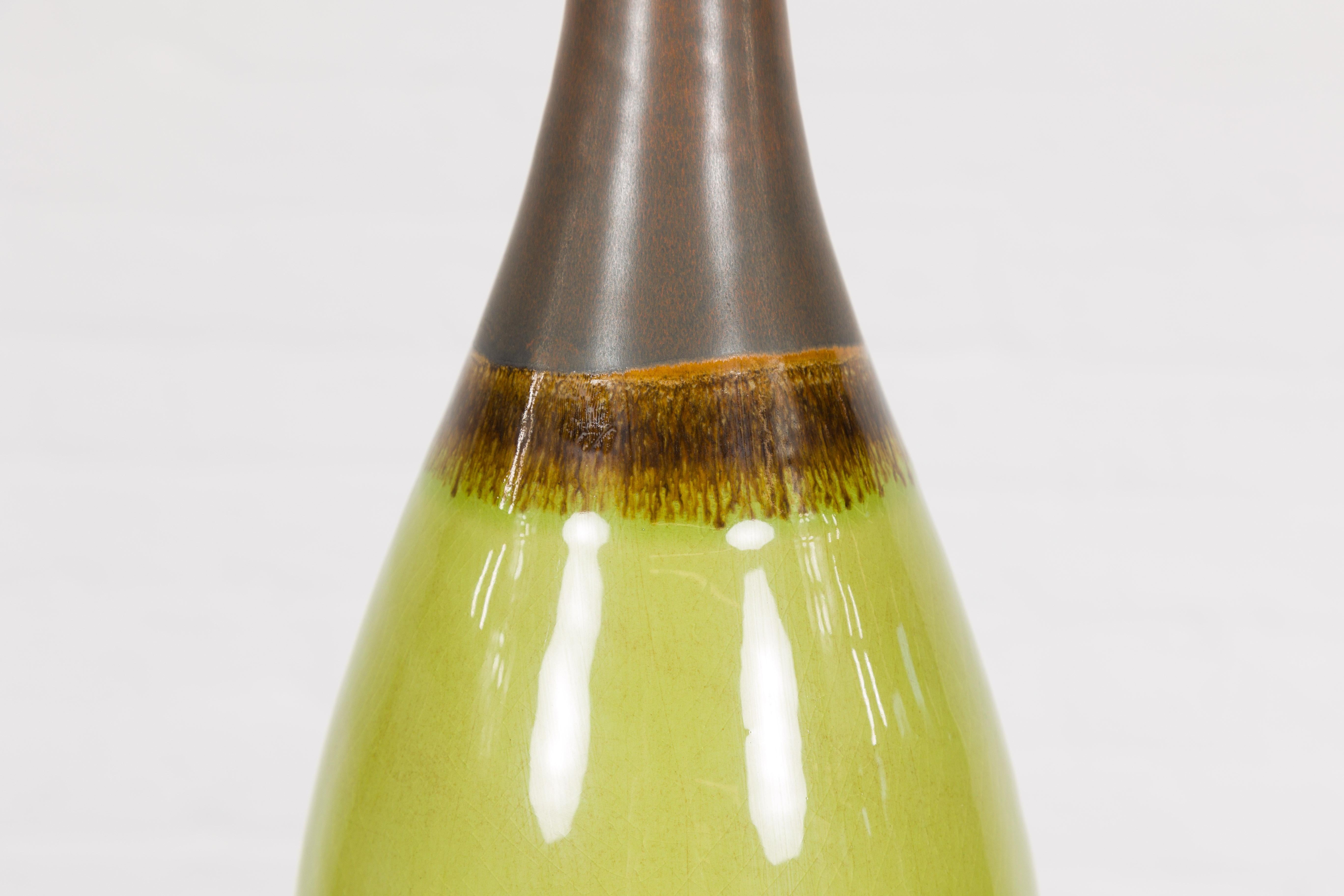 Artisan Handmade Lime Green Glazed Ceramic Vase with Brown Neck For Sale 3