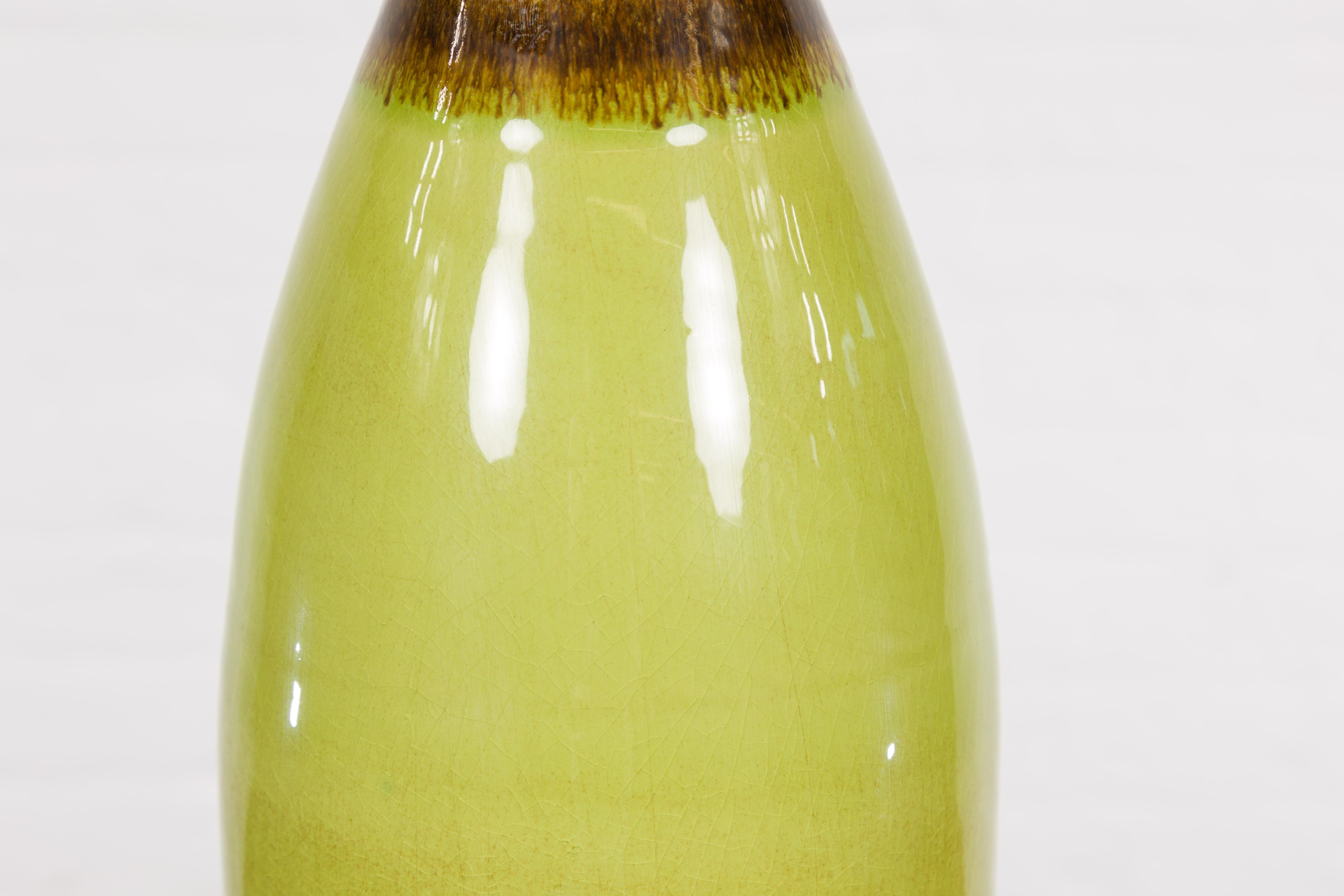 Artisan Handmade Lime Green Glazed Ceramic Vase with Brown Neck For Sale 4