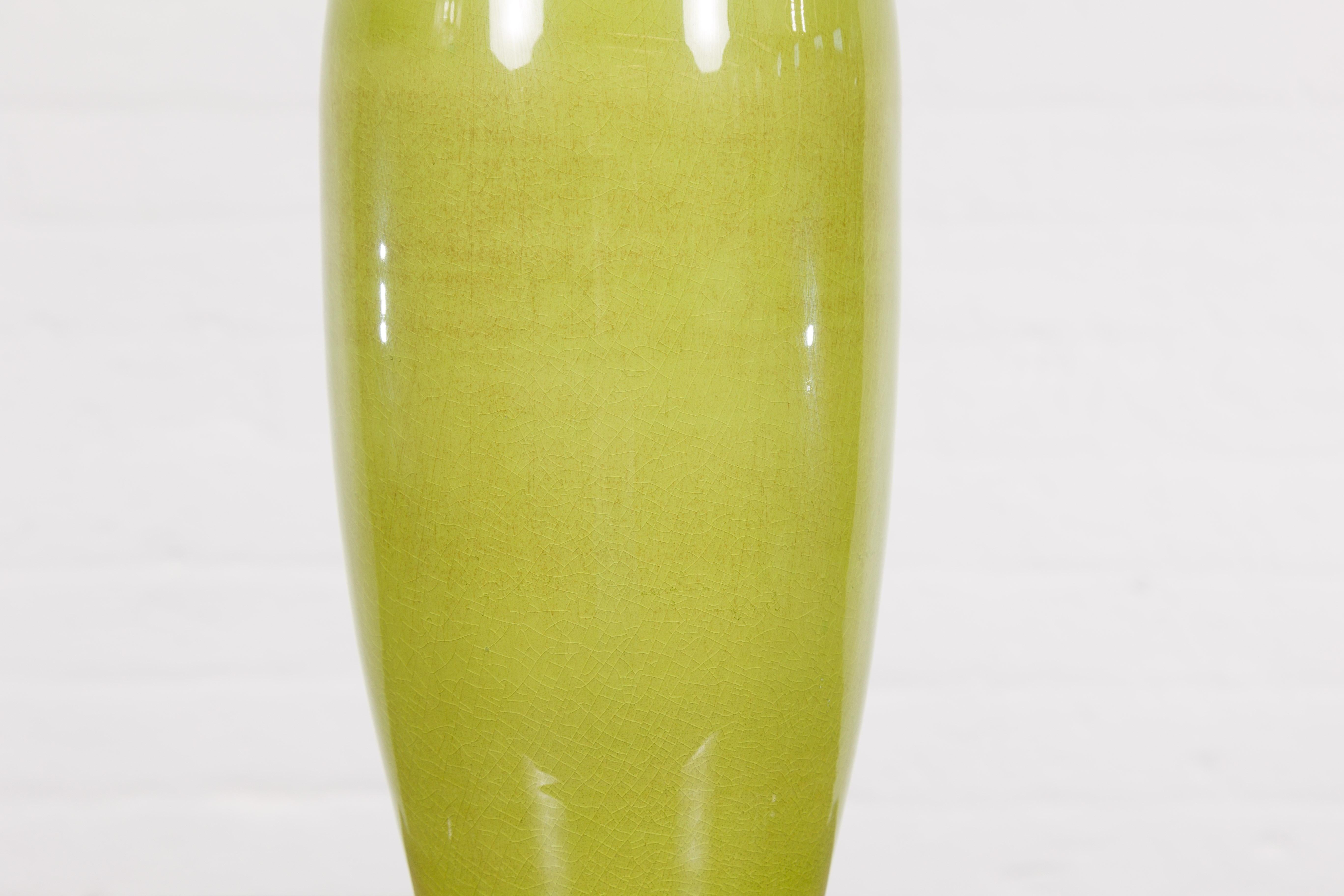 Artisan Handmade Lime Green Glazed Ceramic Vase with Brown Neck For Sale 5