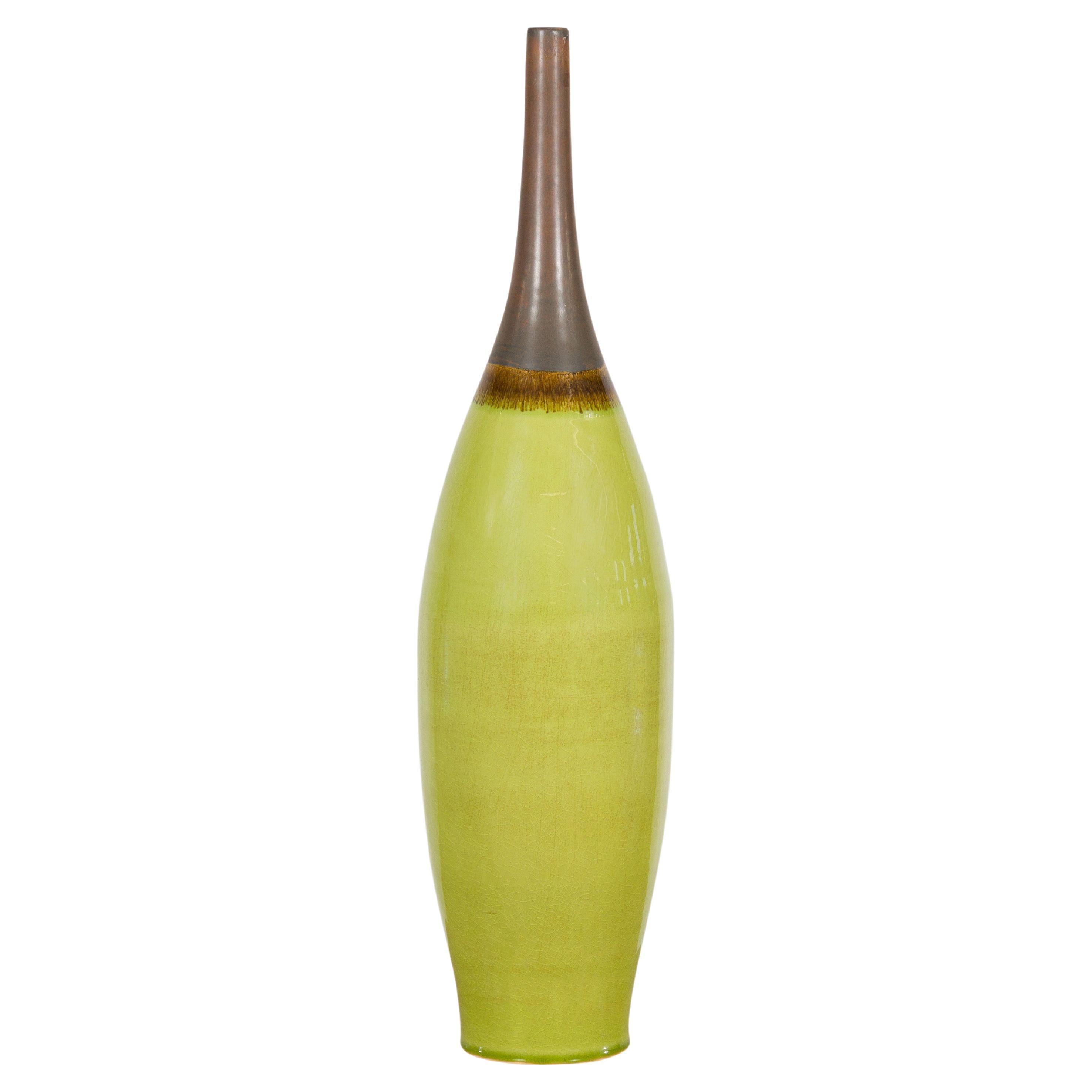 Artisan Handmade Lime Green Glazed Ceramic Vase with Brown Neck For Sale