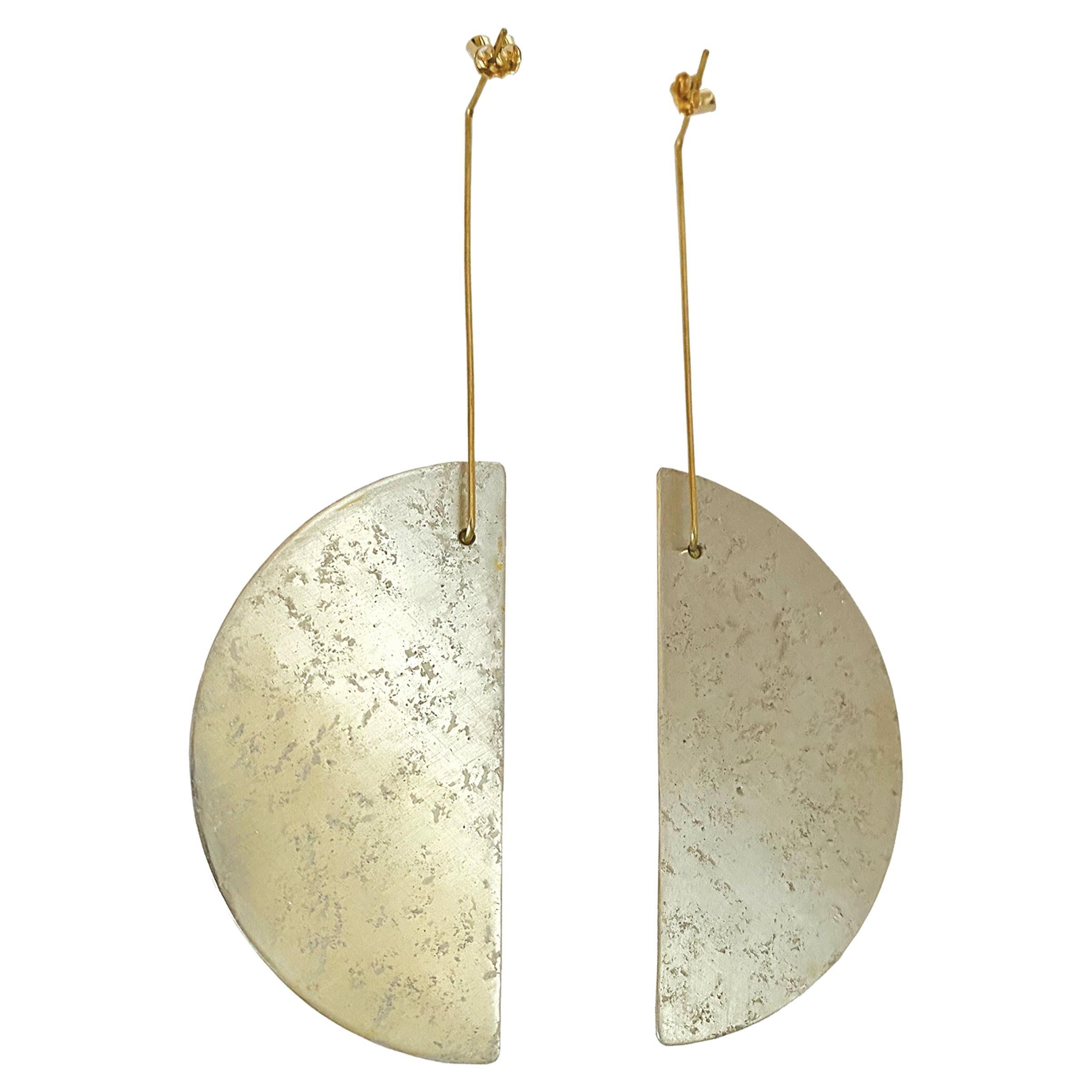 Artisan Handmade Reversible 18k Gold, Half Moon Gold Leaf and Silver Earrings For Sale