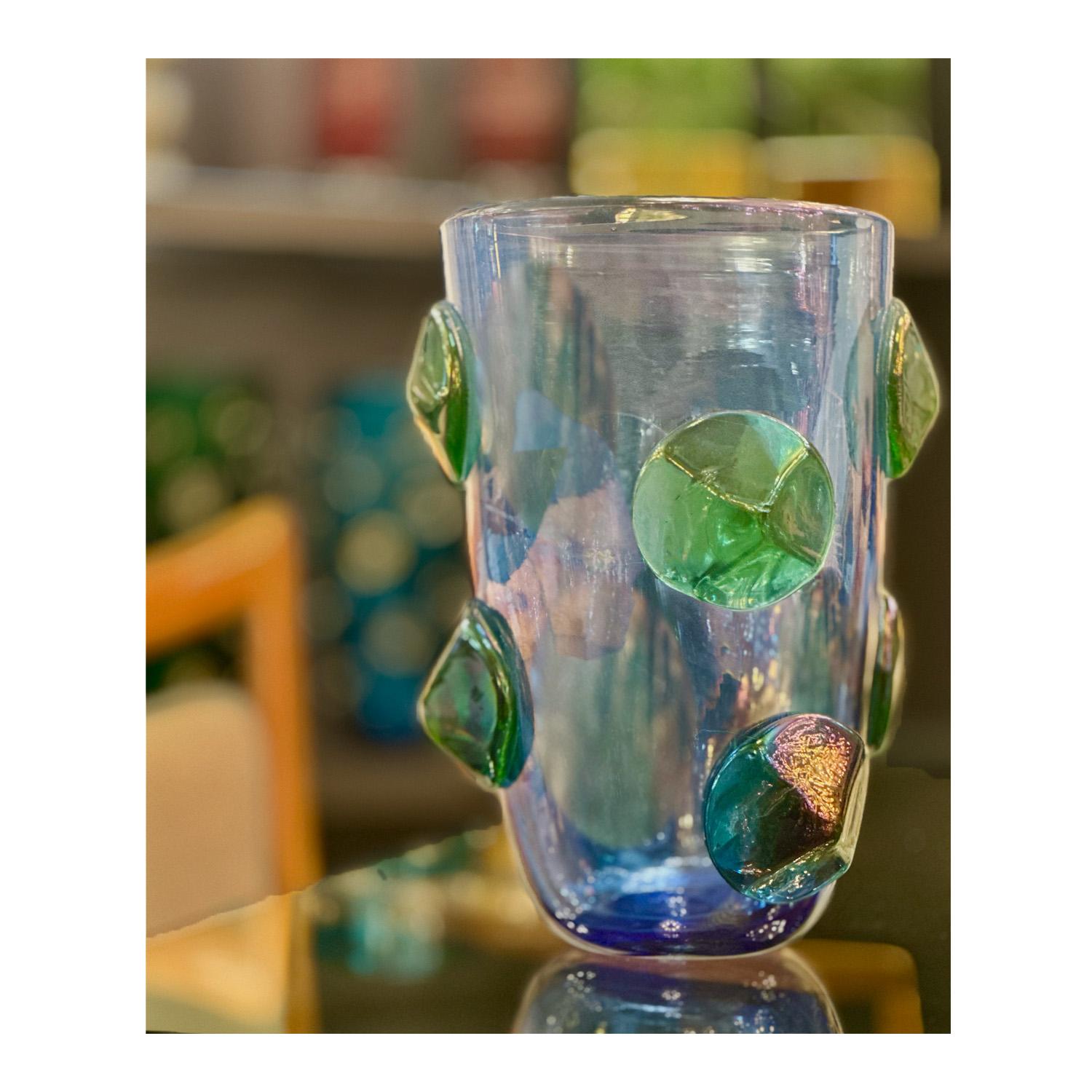 XXI secolo e contemporaneo Vaso Dot Dot Dot in vetro di Murano Iridescente Blu & Greene in vendita