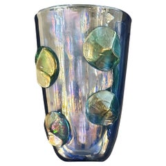 Artisan Iridescent Blue & Green Murano Glass Dot Vase