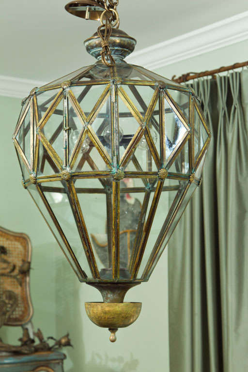 Artisan Italian Antiqued Brass Diamond-Cut Lantern, Contemporary, UL Certified In Good Condition For Sale In Westport, CT