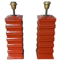 Artisan Italian Pair Of Red Glazed Ceramic Lamps (Lampshades Not Included)