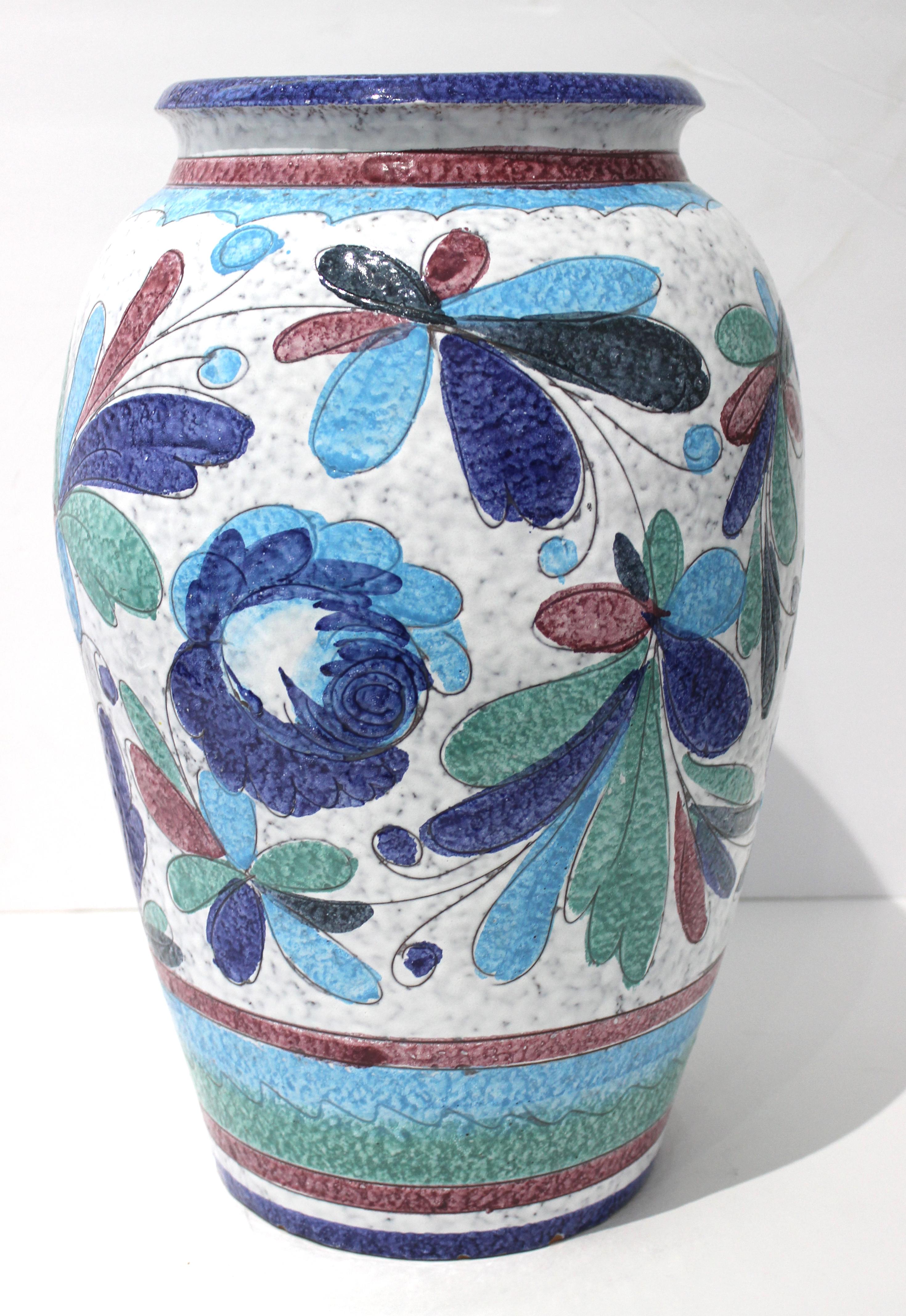 Glazed Artisan Italian Terracotta Majolica Painted Urn For Sale