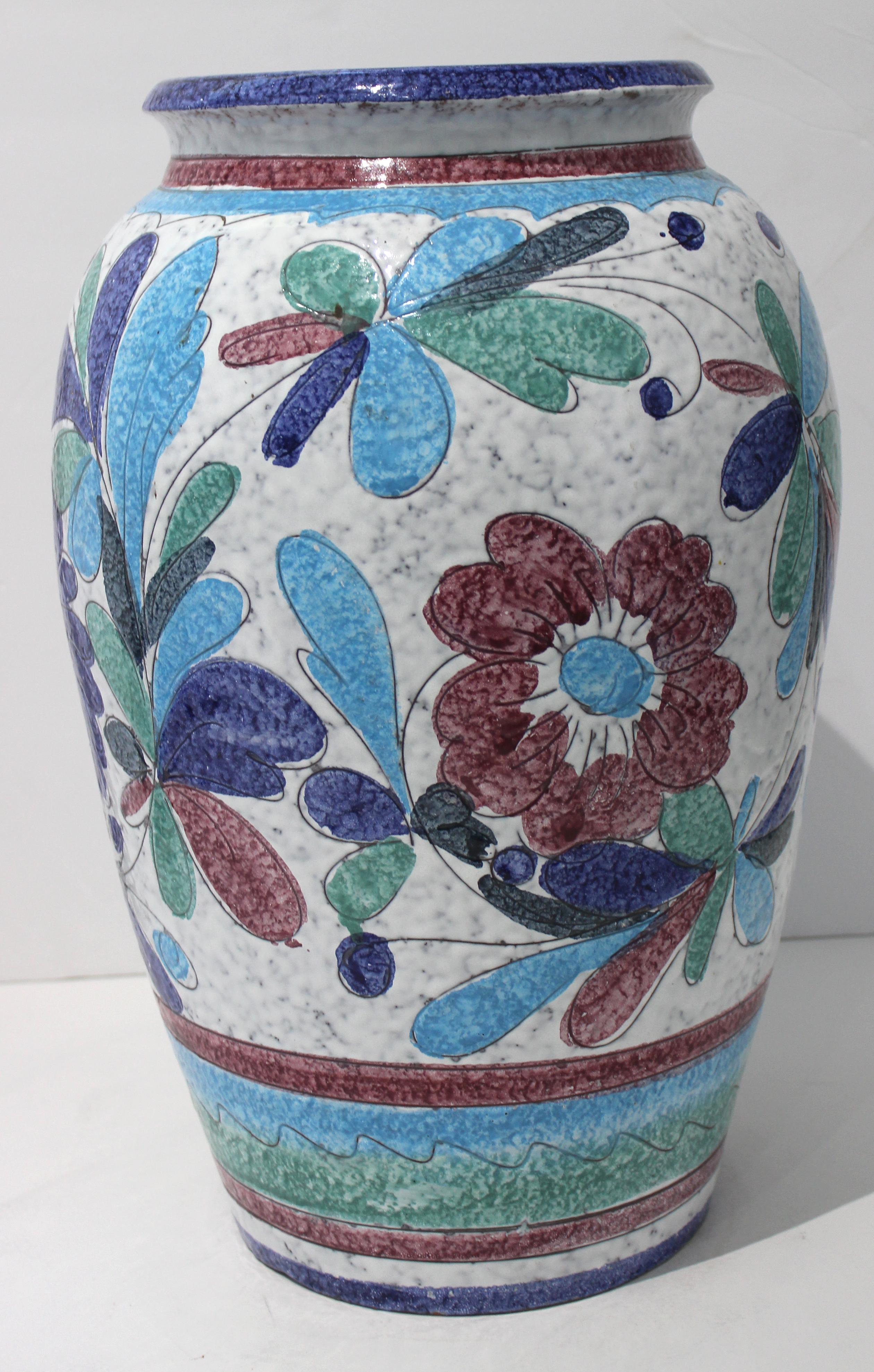 20th Century Artisan Italian Terracotta Majolica Painted Urn For Sale