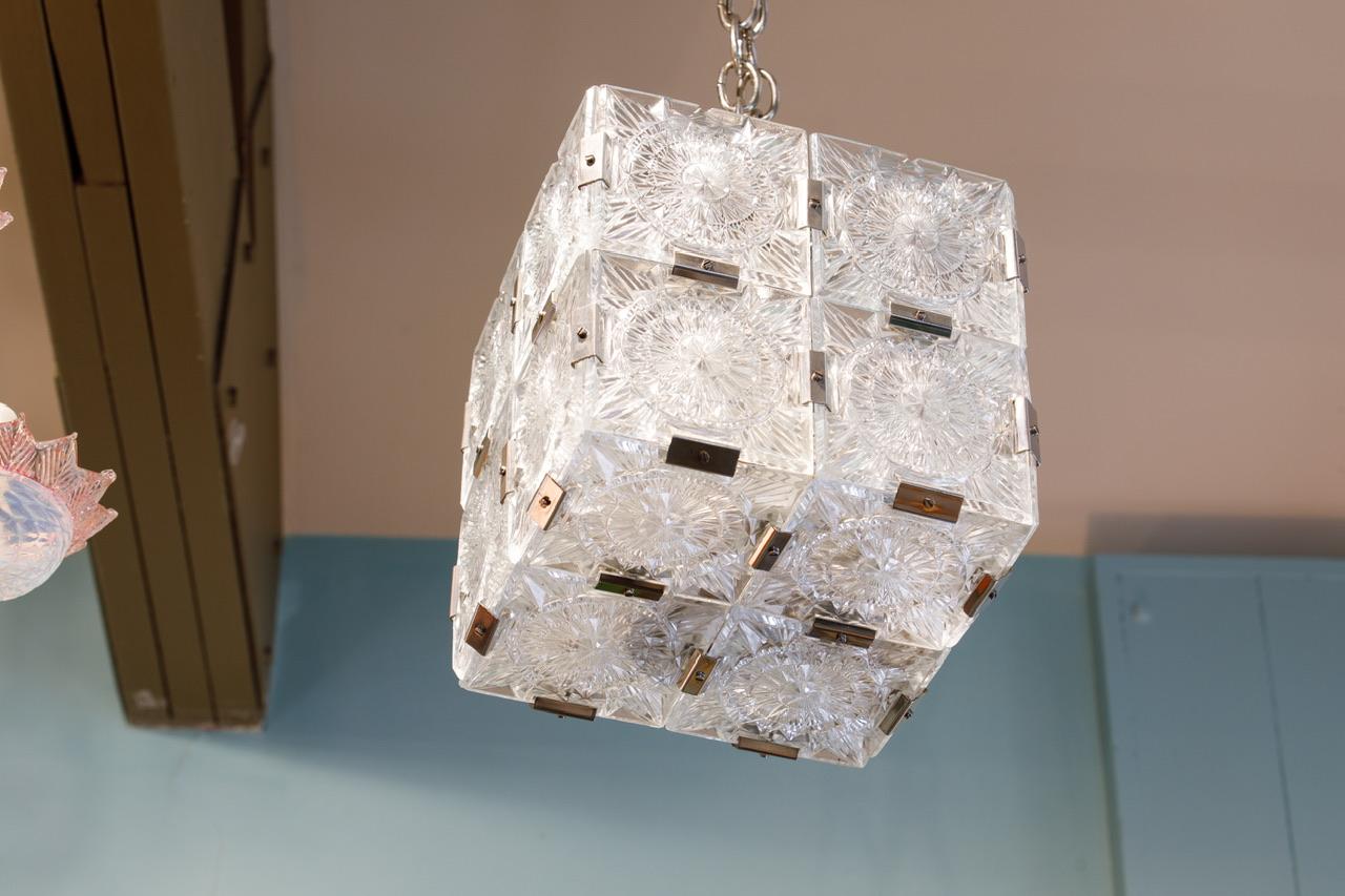Mid-Century Modern Artisan Kamenicky Senov Bohemian Glass Cube Pendant For Sale