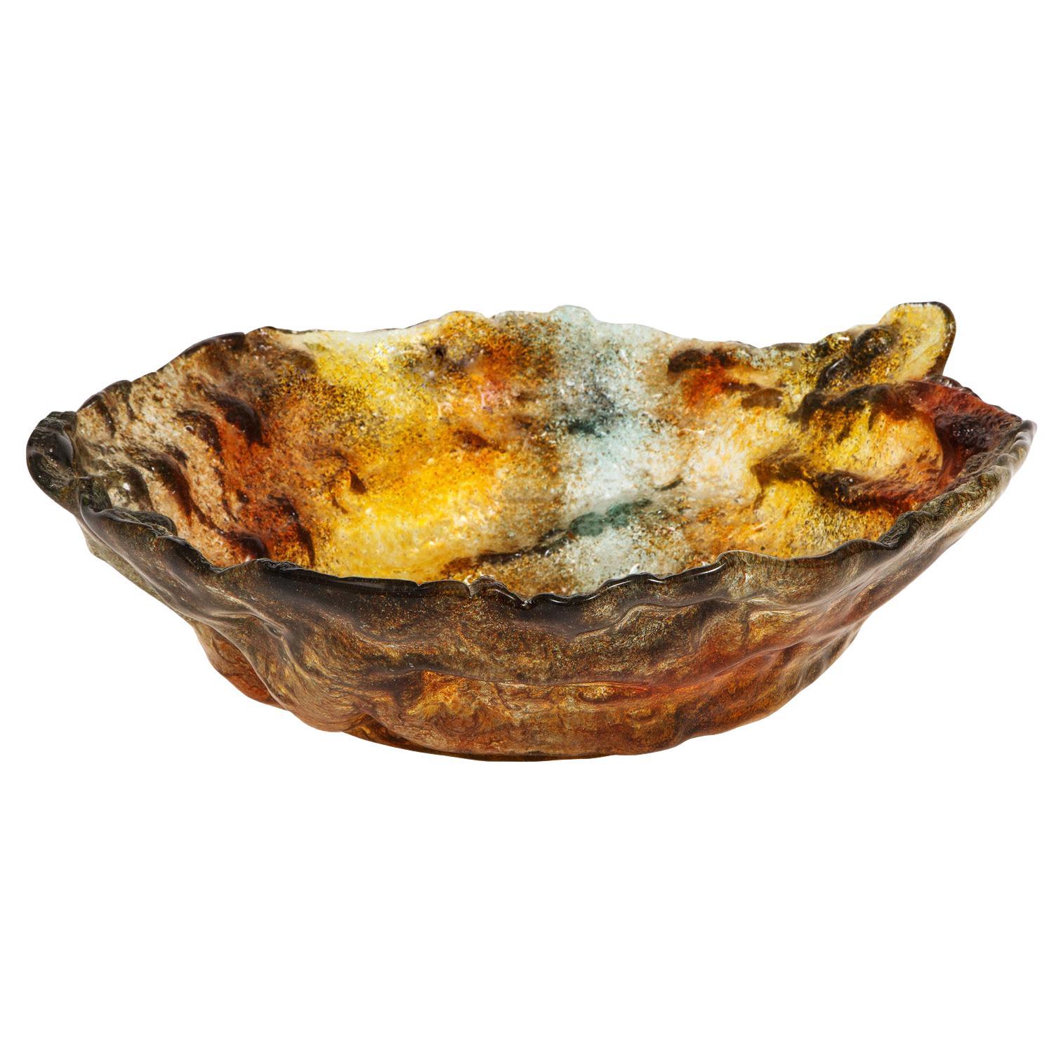 Artisan Large Brutalist Multi Color Glass Bowl, 1970s For Sale