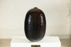 Artisan Large Honeycomb-Textured Ceramic Vase in Deep Brown and Black Glaze