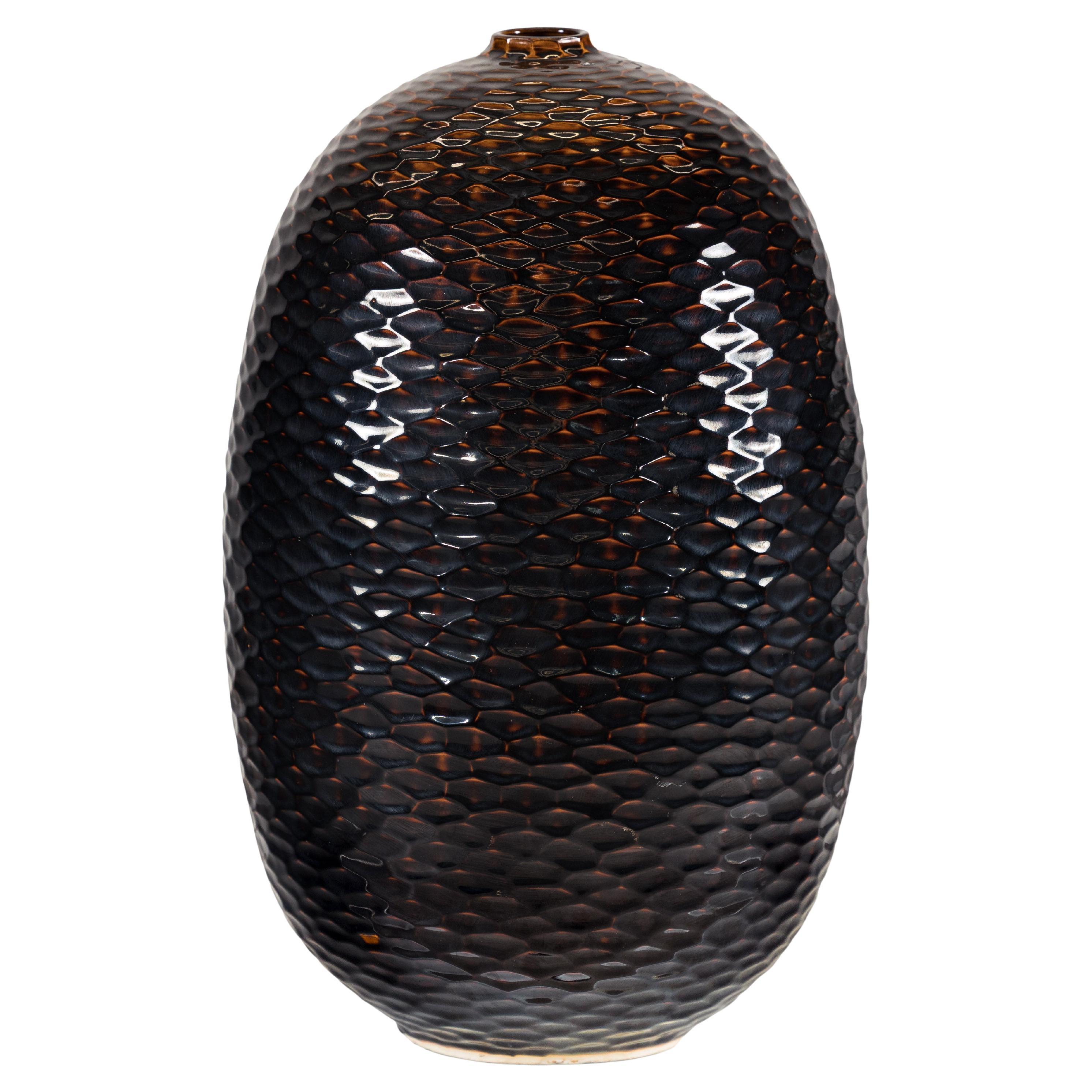 Artisan Large Honeycomb-Textured Ceramic Vase in Deep Brown and Black Glaze For Sale
