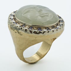 Carved Moonstone Face Ring With Diamonds and Sapphires in 18K Yellow Gold